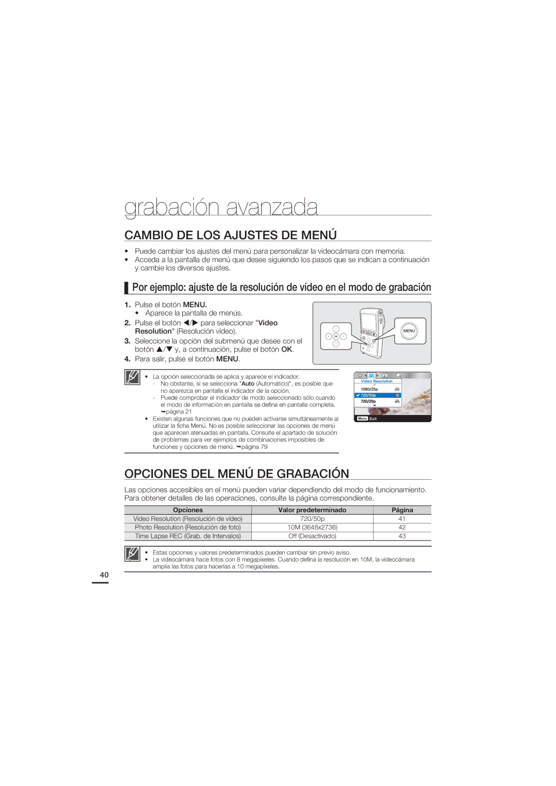 Samsung HMX-U20BP/EDC manual Grabación avanzada, Cambio DE LOS Ajustes DE Menú, Opciones DEL Menú DE Grabación 