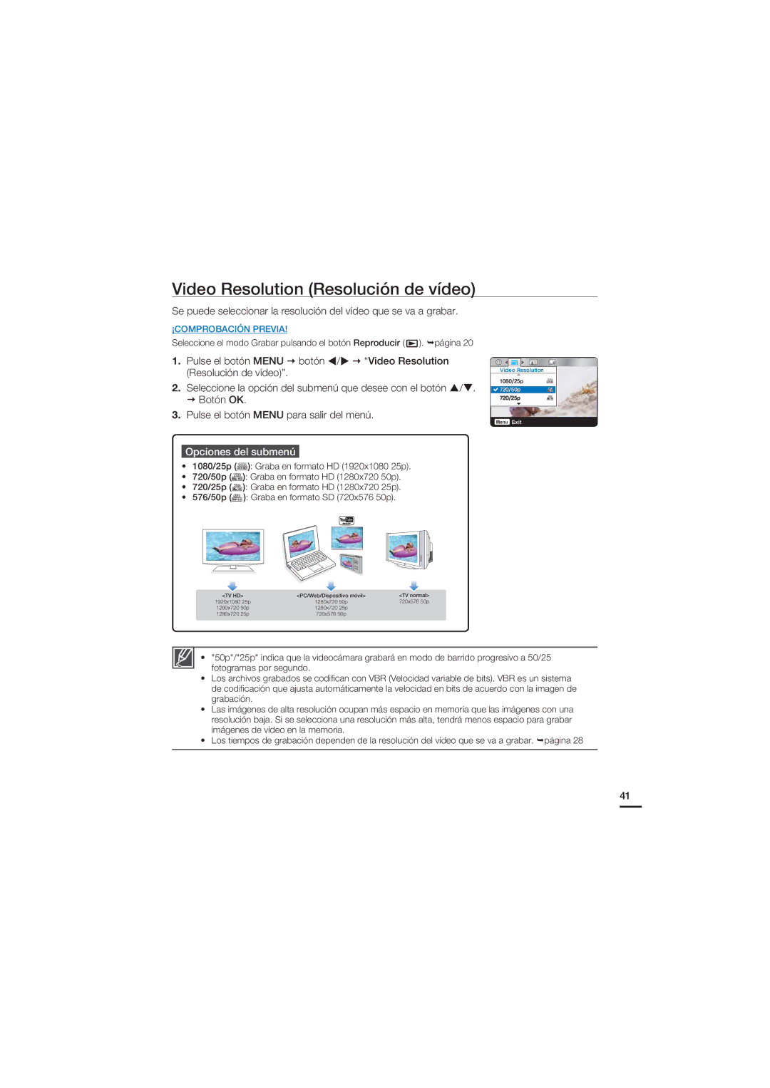 Samsung HMX-U20BP/EDC manual Video Resolution Resolución de vídeo, Opciones del submenú 