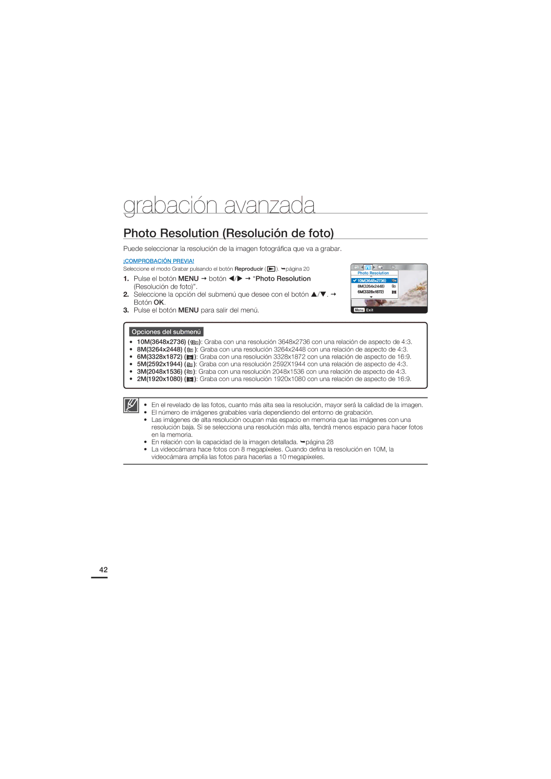 Samsung HMX-U20BP/EDC manual Photo Resolution Resolución de foto, Opciones del submenú 