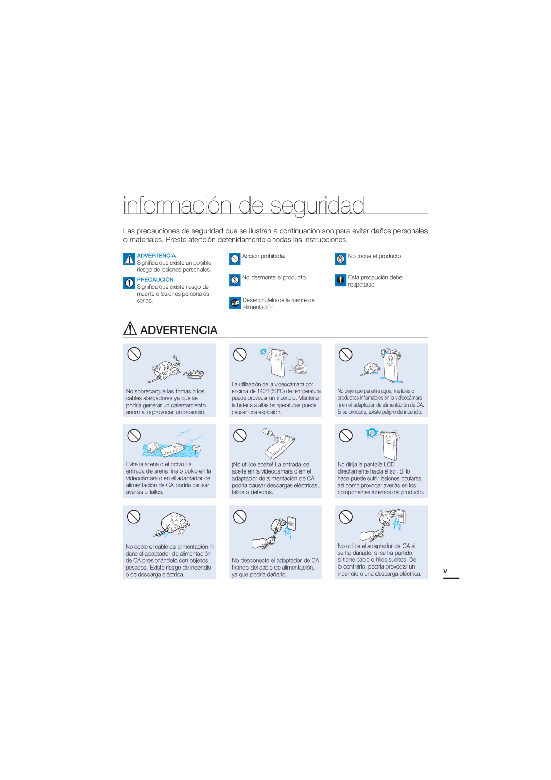 Samsung HMX-U20BP/EDC manual Información de seguridad, Advertencia 