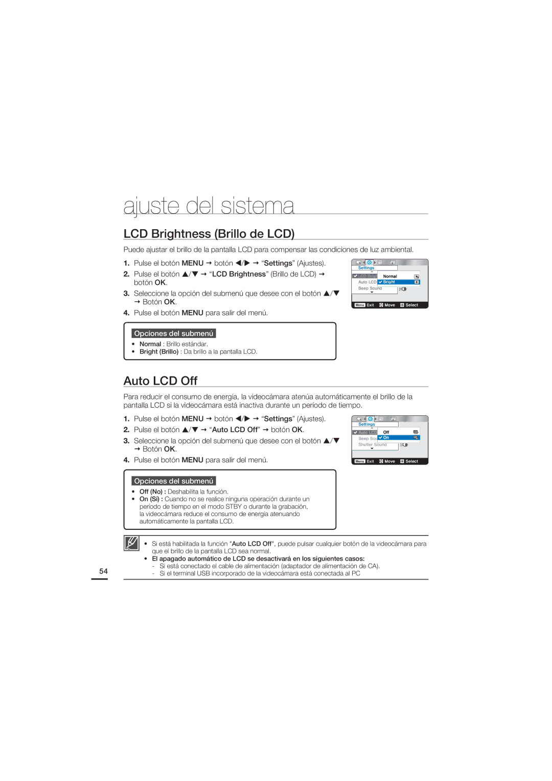 Samsung HMX-U20BP/EDC manual LCD Brightness Brillo de LCD, Auto LCD Off 