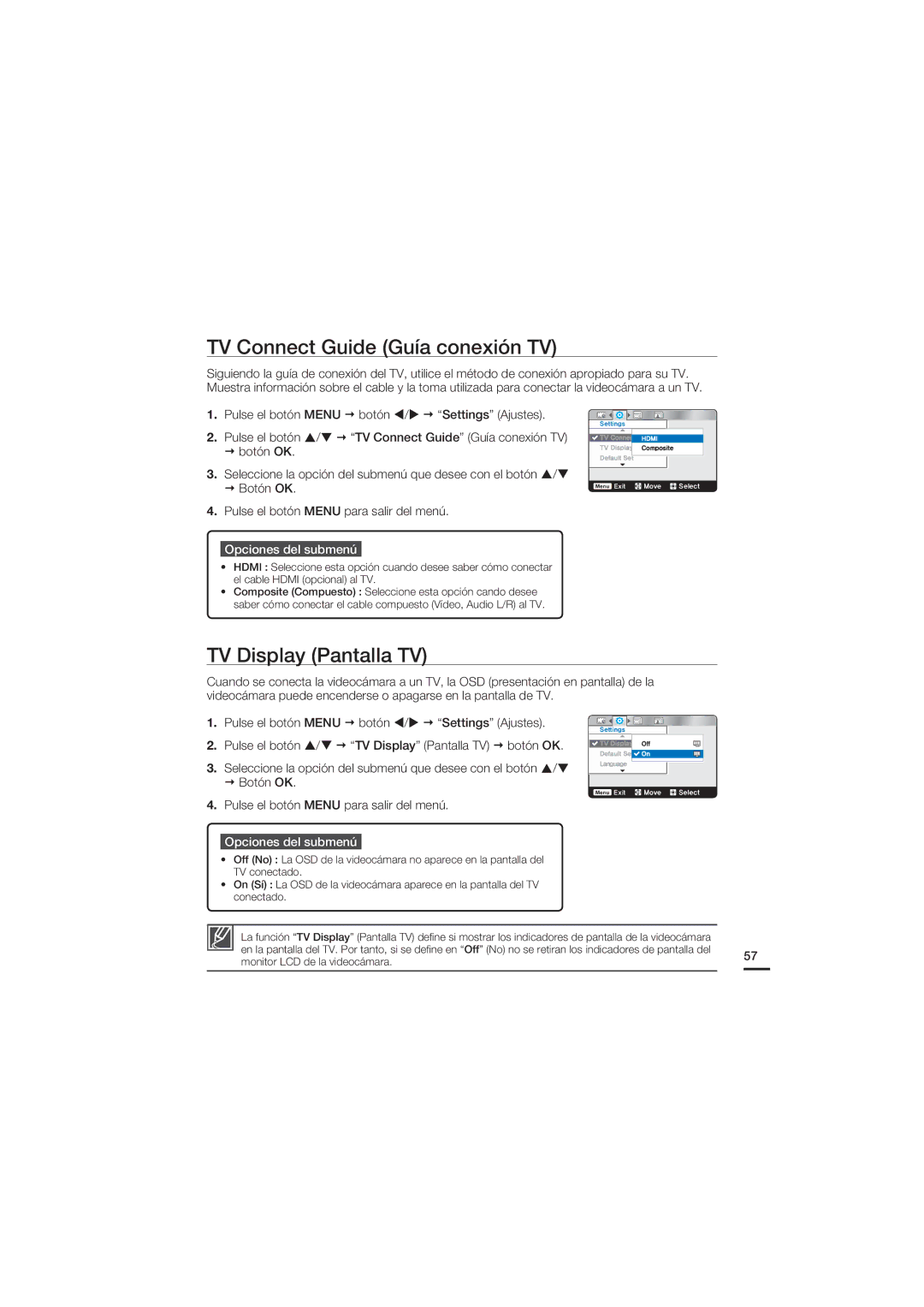 Samsung HMX-U20BP/EDC manual TV Connect Guide Guía conexión TV, TV Display Pantalla TV 