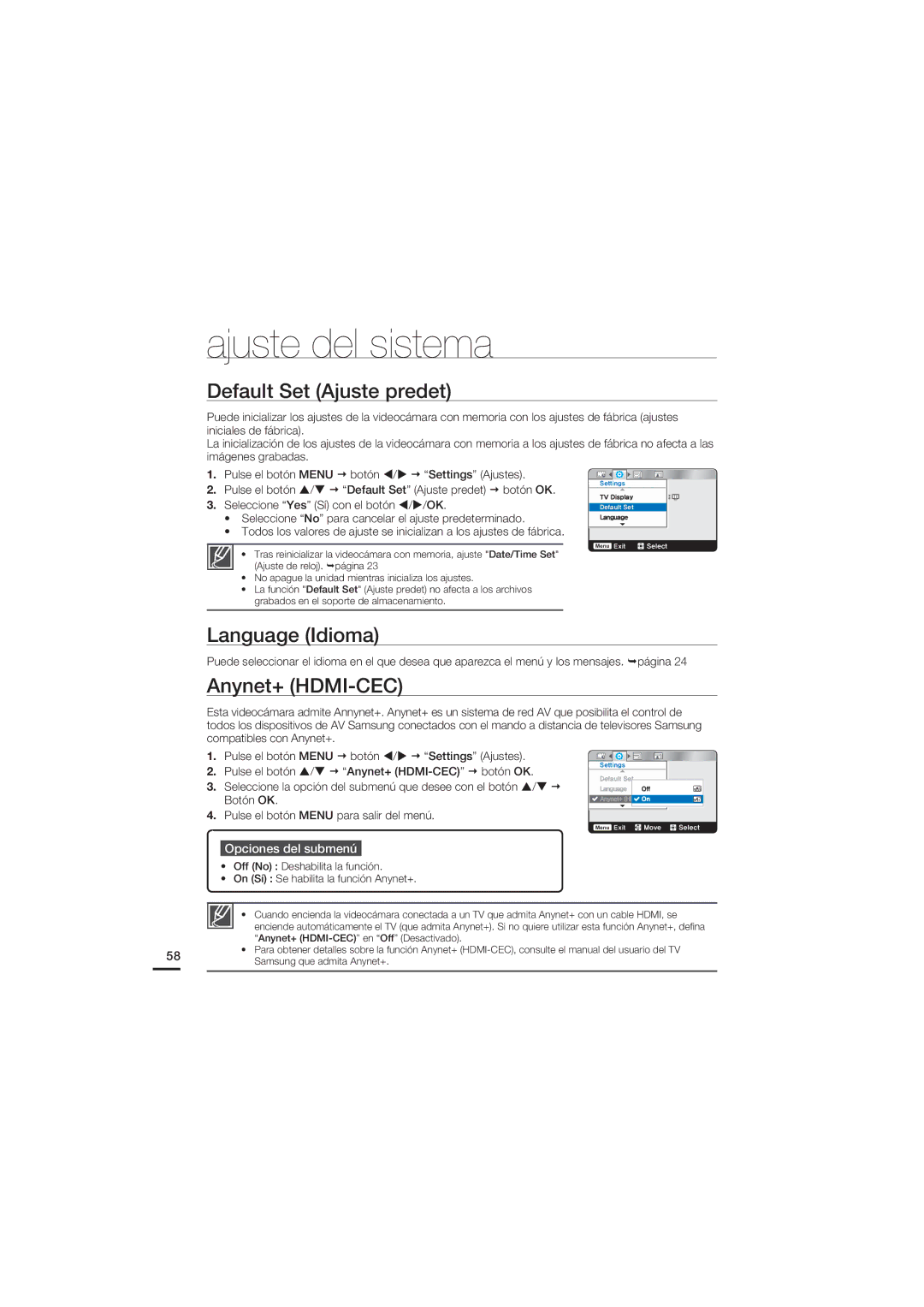 Samsung HMX-U20BP/EDC manual Default Set Ajuste predet, Language Idioma, Anynet+ HDMI-CEC 