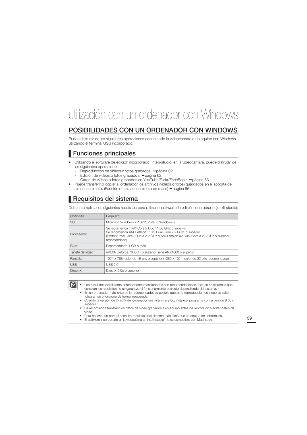 Samsung HMX-U20BP/EDC manual Posibilidades CON UN Ordenador CON Windows, Funciones principales, Requisitos del sistema 