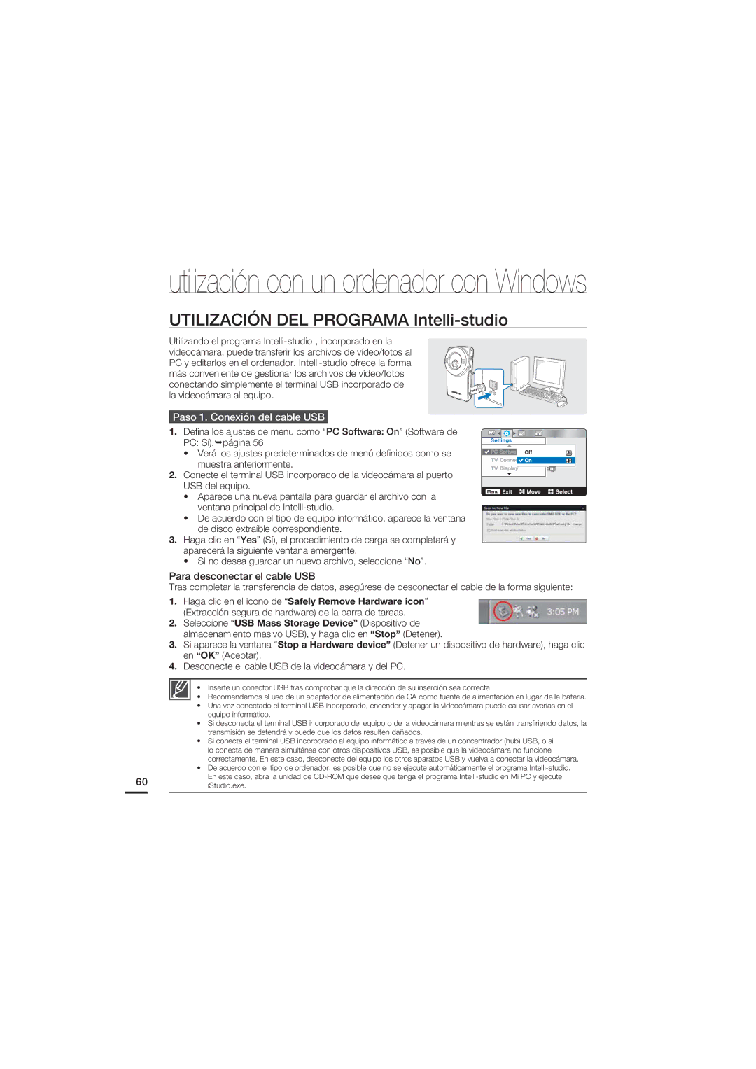 Samsung HMX-U20BP/EDC manual Utilización DEL Programa Intelli-studio, Paso 1. Conexión del cable USB 