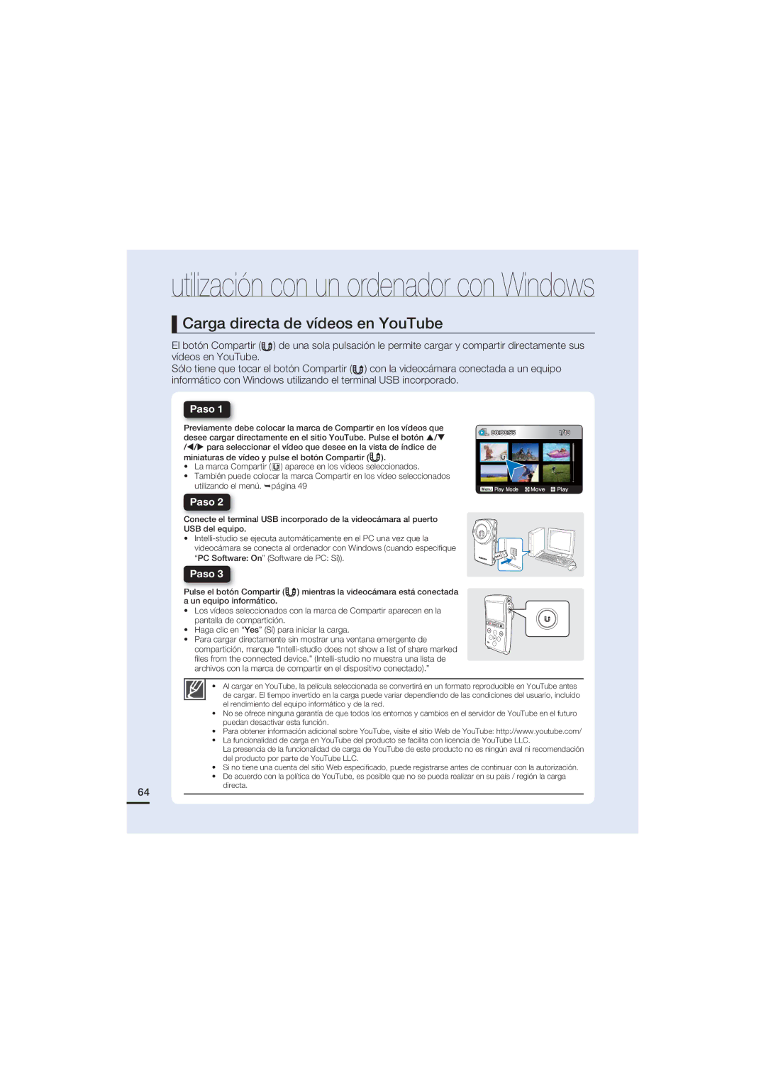 Samsung HMX-U20BP/EDC manual Carga directa de vídeos en YouTube, Paso 