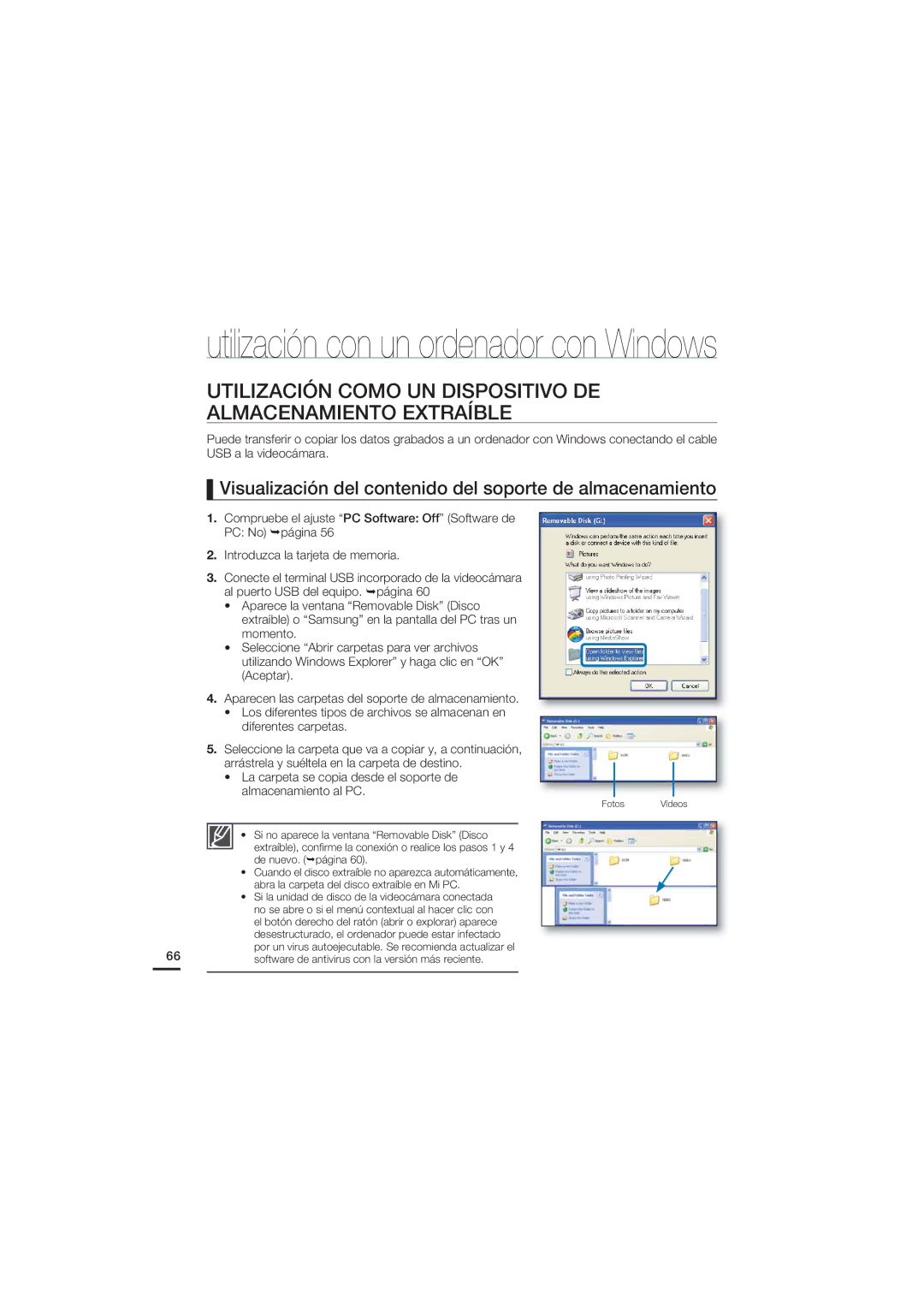 Samsung HMX-U20BP/EDC manual Utilización Como UN Dispositivo DE Almacenamiento Extraíble 