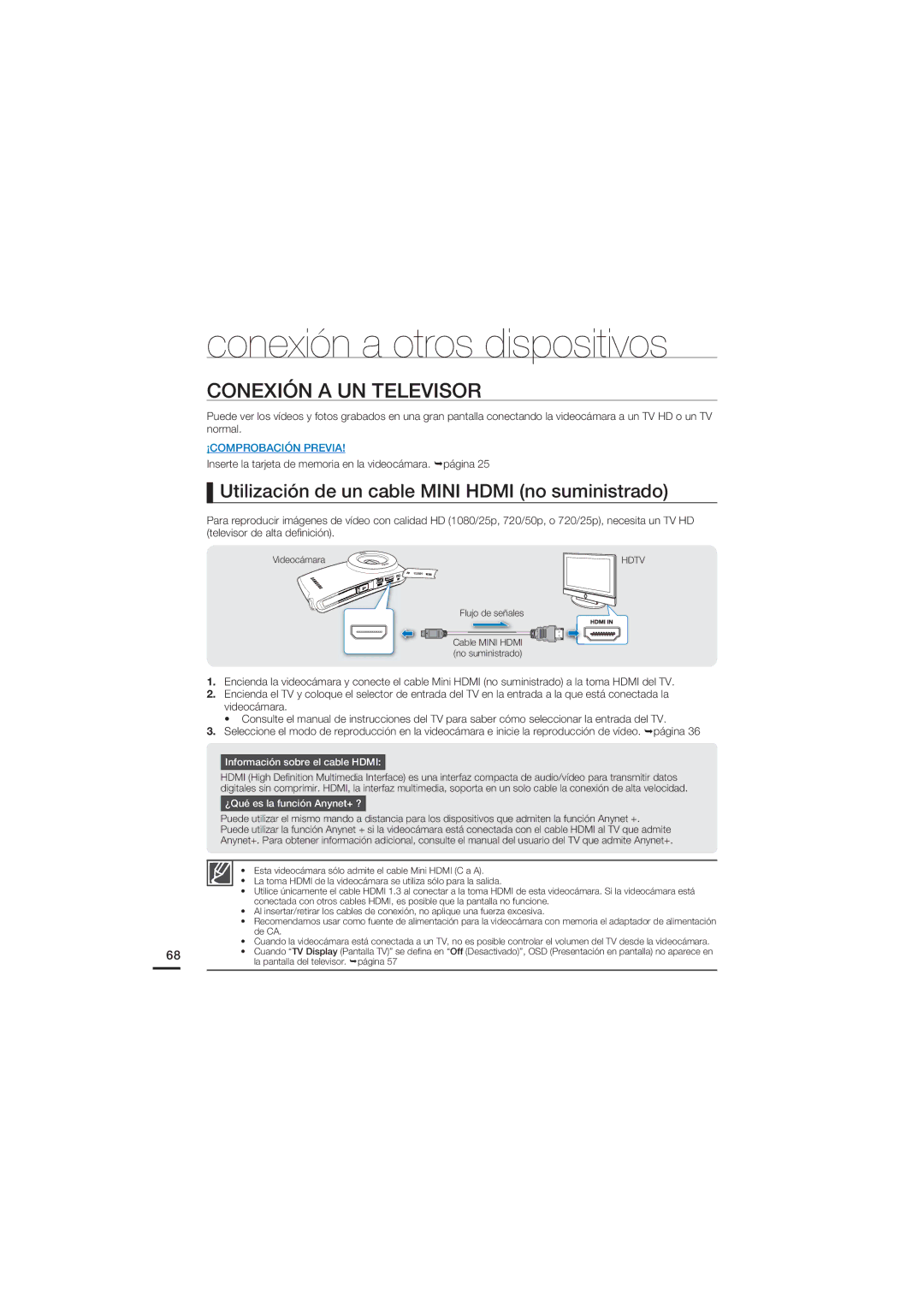 Samsung HMX-U20BP/EDC manual Conexión a otros dispositivos, Conexión a UN Televisor 