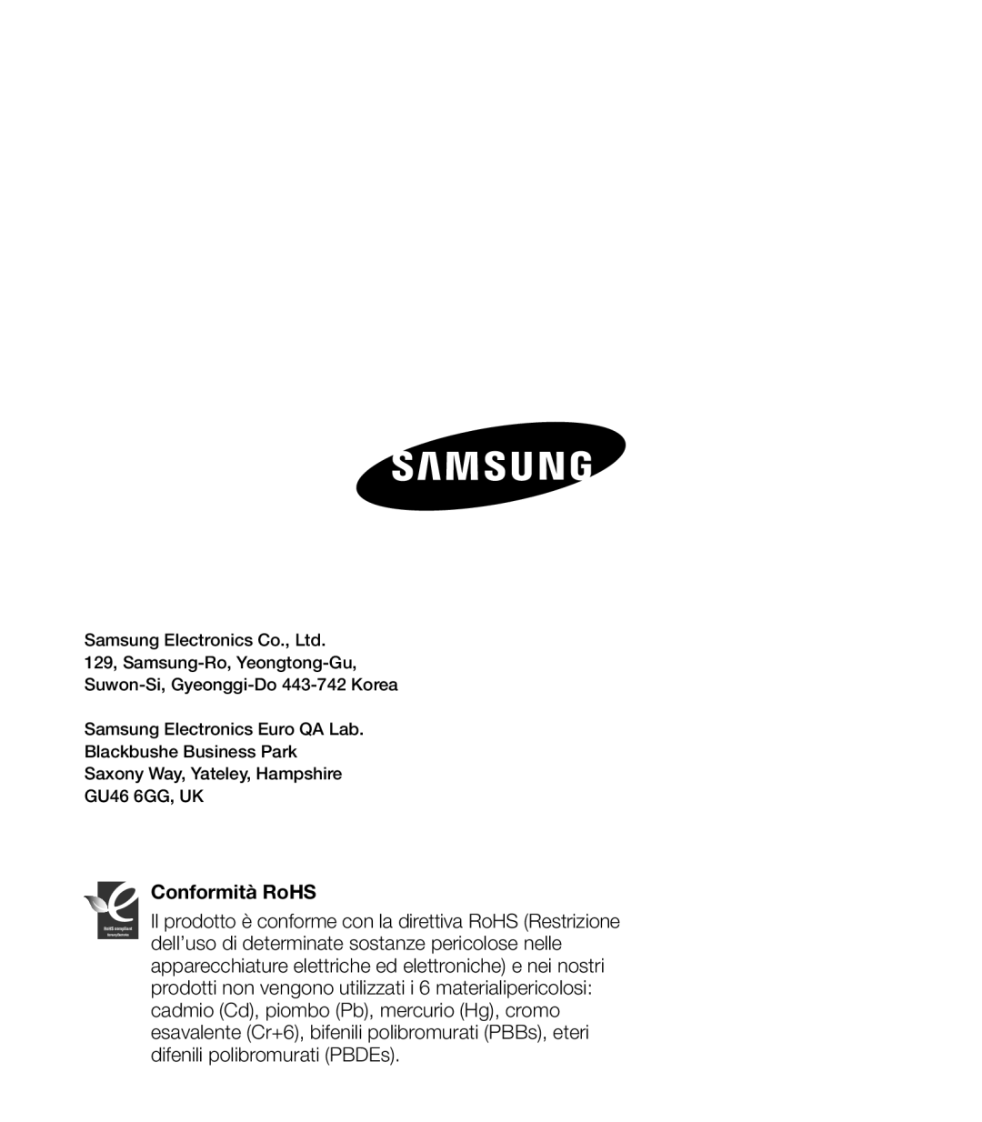 Samsung HMX-U20BP/EDC manual Conformità RoHS 