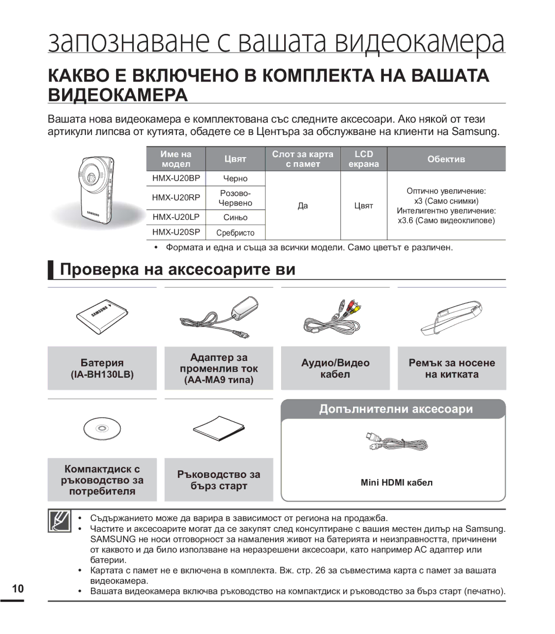 Samsung HMX-U20BP/EDC manual ɄȺɄȼɈȿȼɄɅɘɑȿɇɈȼɄɈɆɉɅȿɄɌȺɇȺȼȺɒȺɌȺ ȻɂȾȿɈɄȺɆȿɊȺ, Ɉɪɨɜɟɪɤɚɧɚɚɤɫɟɫɨɚɪɢɬɟɜɢ, ɧɚɤɢɬɤɚɬɚ 