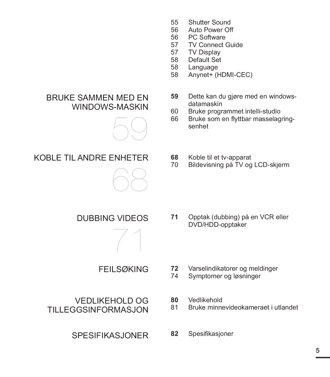 Samsung HMX-U20BP/EDC manual Koble til et tv-apparat Bildevisning på TV og LCD-skjerm, 82 6SHVL¿NDVMRQHU 