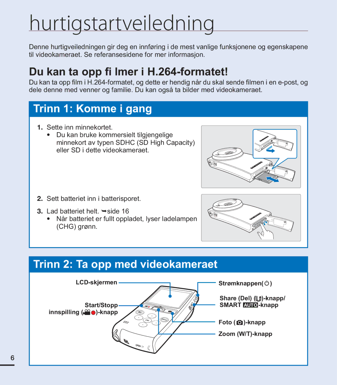 Samsung HMX-U20BP/EDC manual Hurtigstartveiledning, NdqWdRss¿OphuL+Irupdwhw 