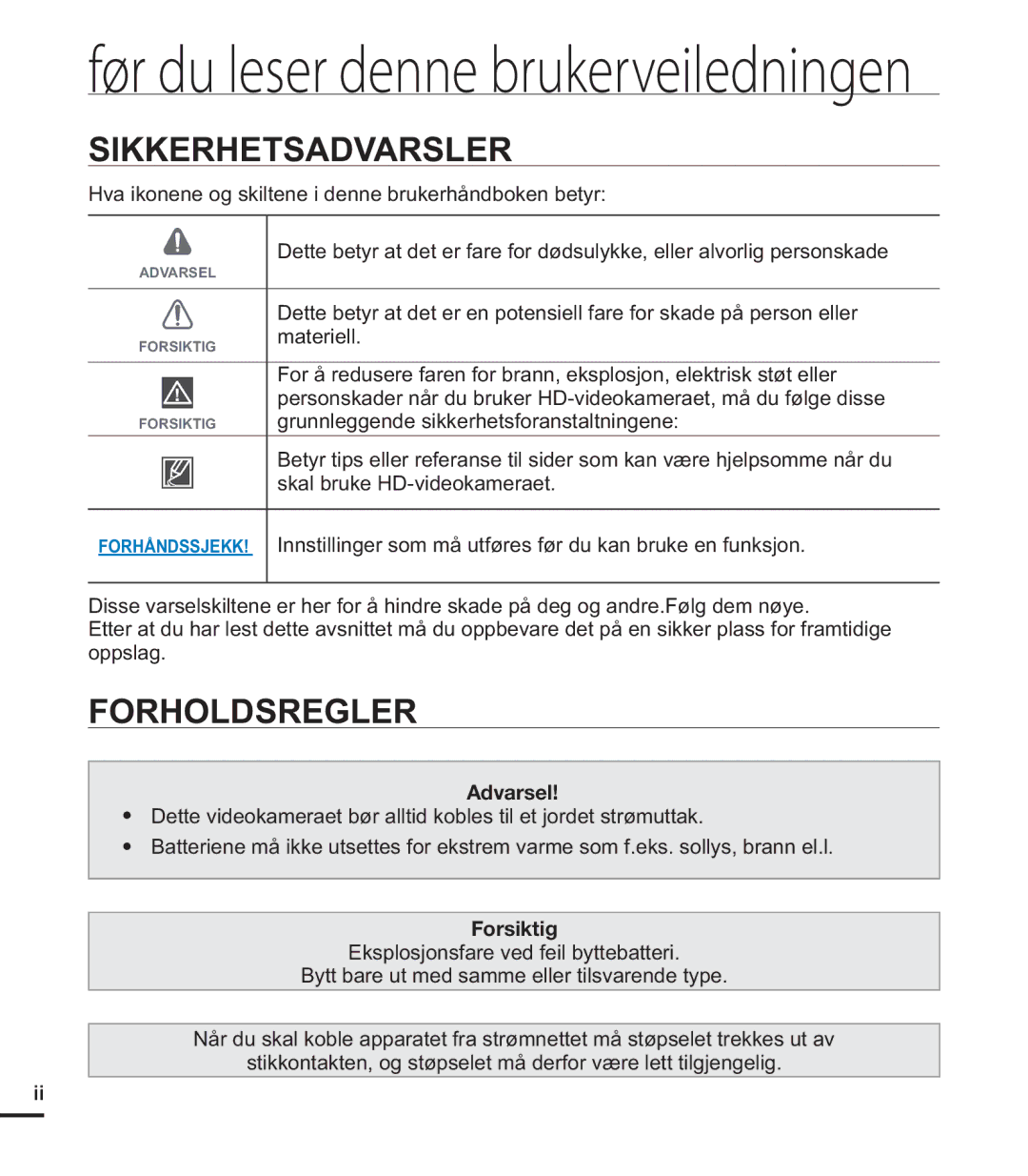 Samsung HMX-U20BP/EDC manual Sikkerhetsadvarsler, Forholdsregler, Hva ikonene og skiltene i denne brukerhåndboken betyr 