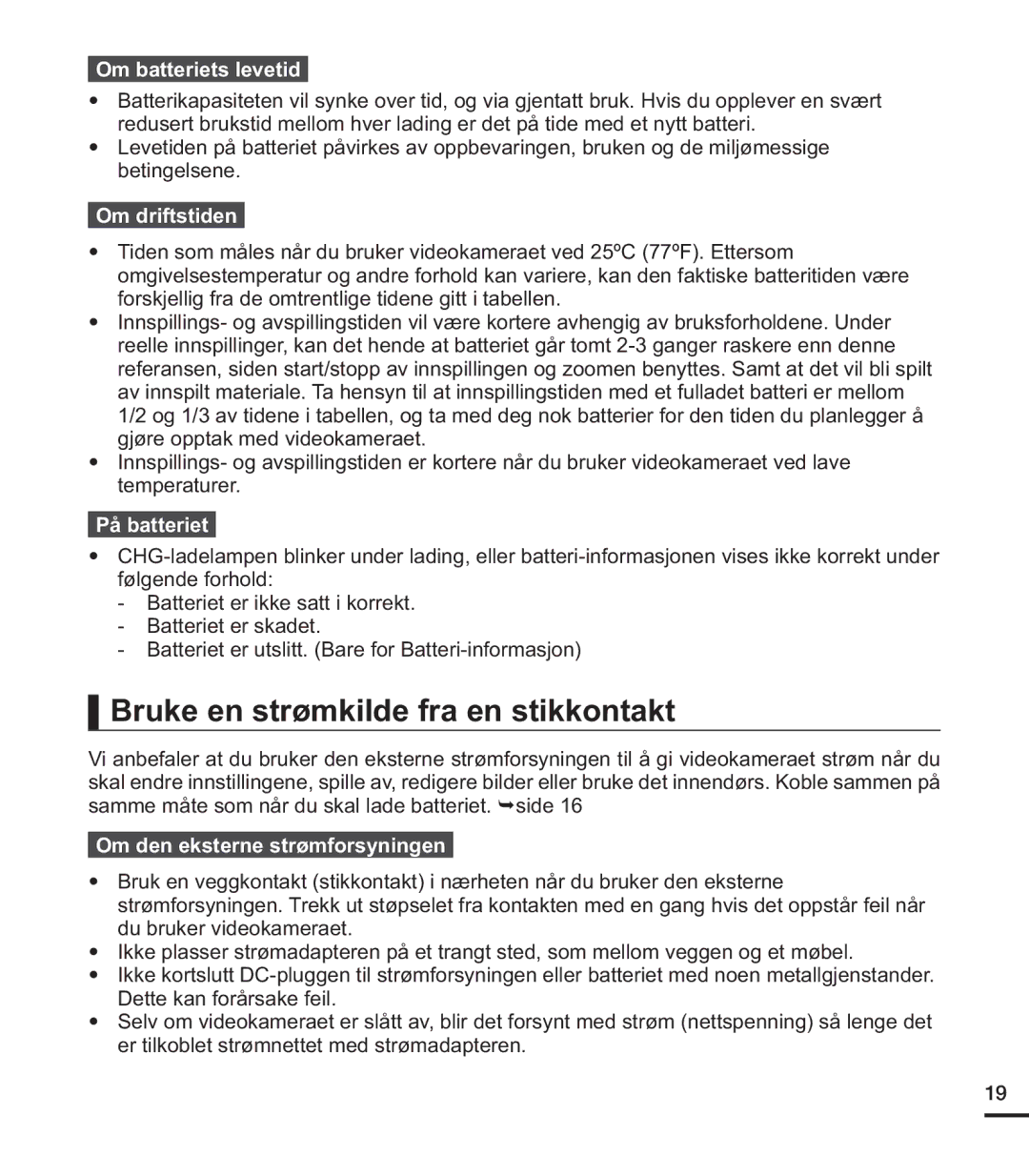 Samsung HMX-U20BP/EDC manual Bruke en strømkilde fra en stikkontakt, Om batteriets levetid, Om driftstiden, På batteriet 