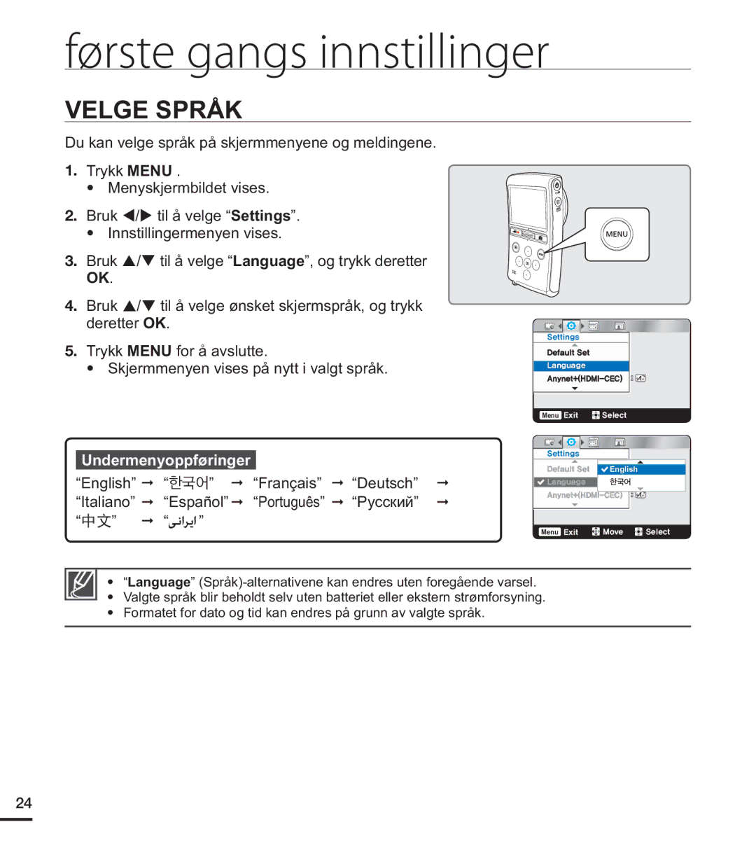 Samsung HMX-U20BP/EDC manual Velge Språk 