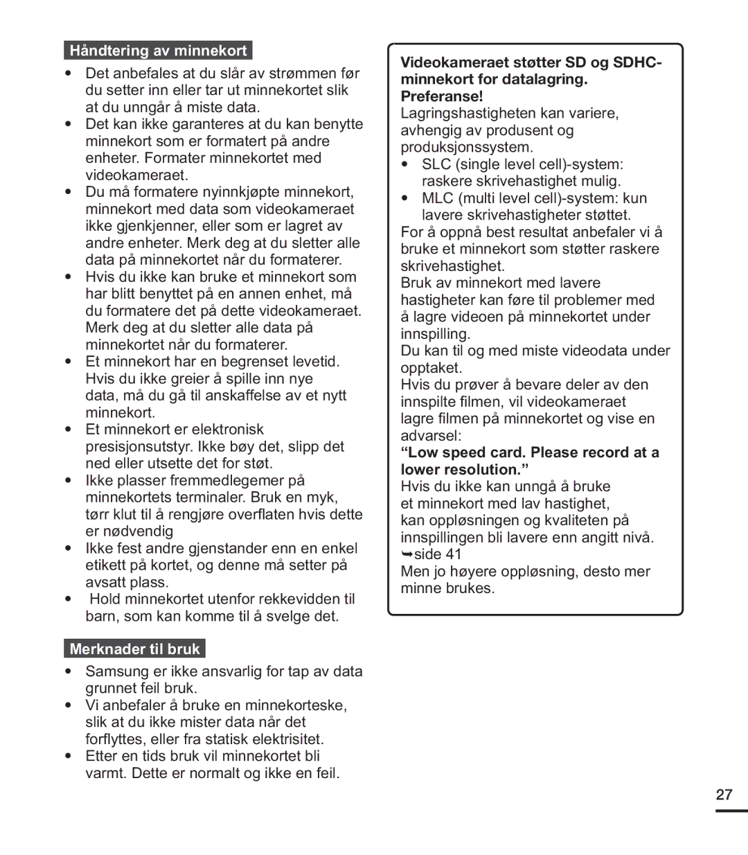 Samsung HMX-U20BP/EDC manual Håndtering av minnekort, Merknader til bruk, Lqqvslowh¿OphqYloYlghrndphudhw 