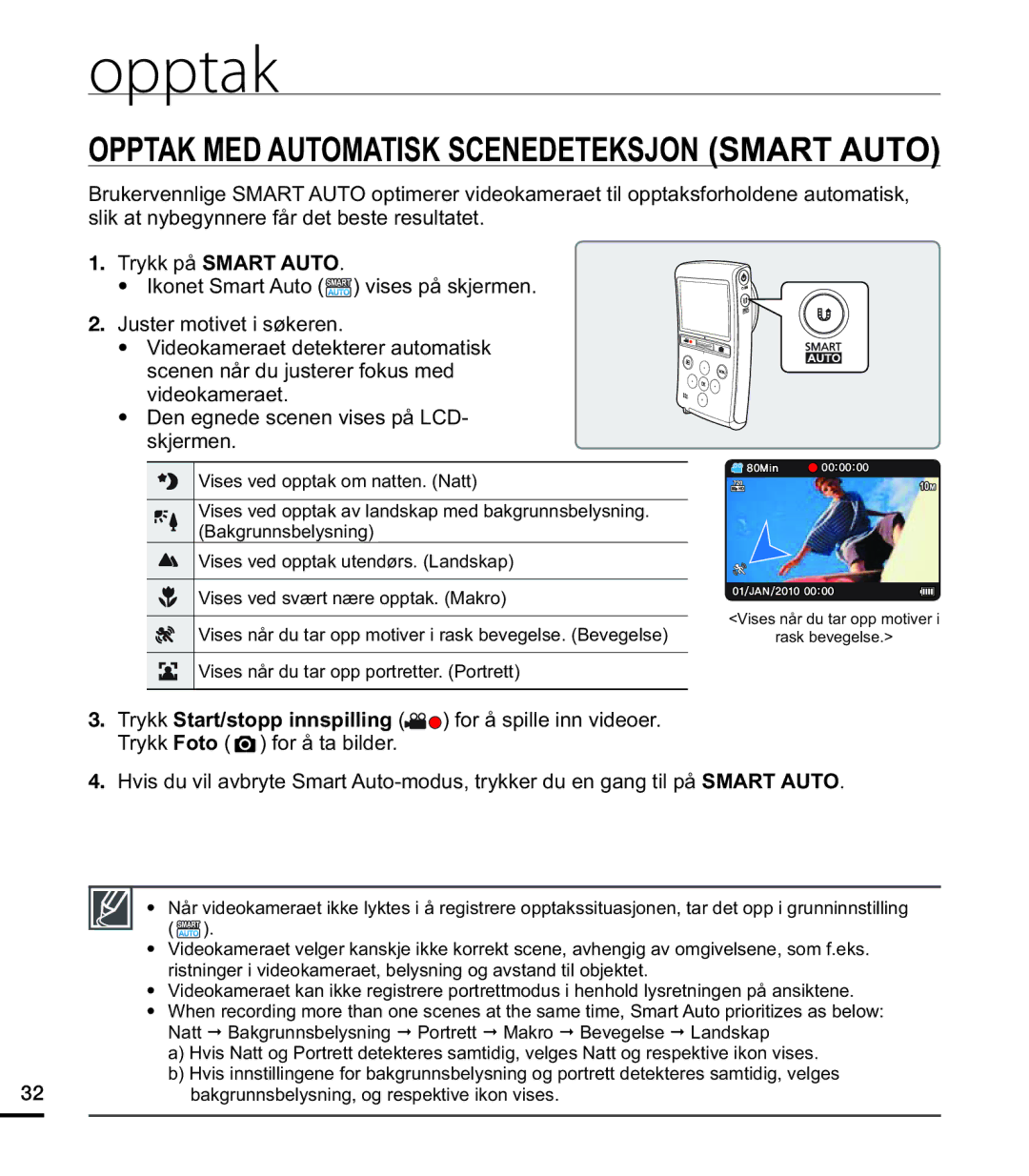 Samsung HMX-U20BP/EDC manual Opptak MED Automatisk Scenedeteksjon Smart Auto 