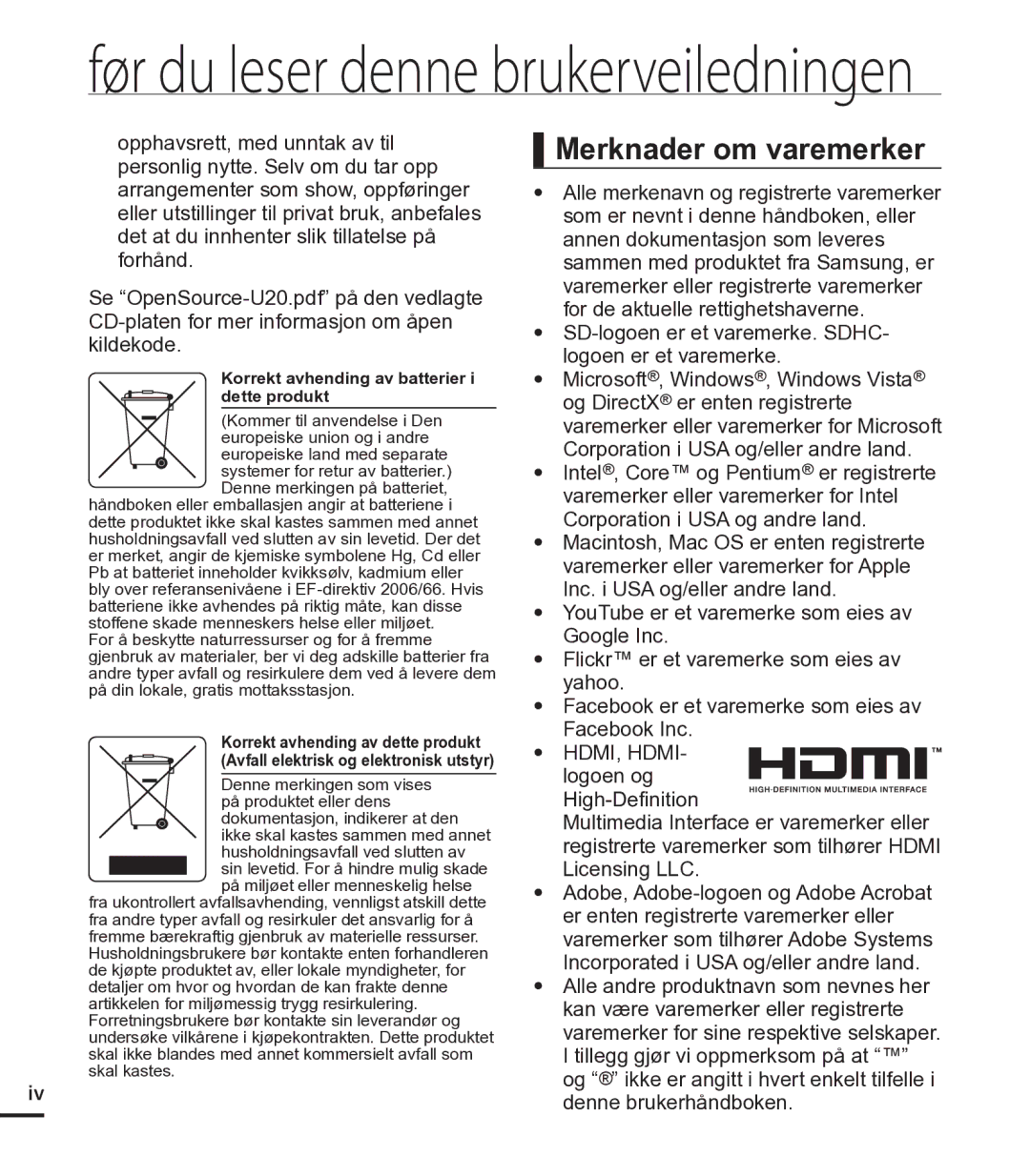 Samsung HMX-U20BP/EDC manual Før du leser denne brukerveiledningen 