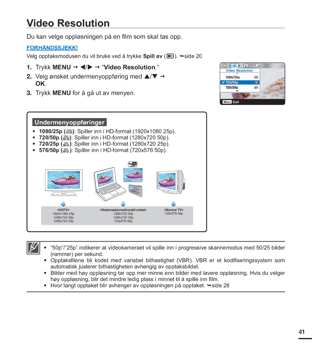 Samsung HMX-U20BP/EDC manual Video Resolution, NDQYHOJHRSSO¡VQLQJHQSnHQ¿OPVRPVNDOWDVRSS, Undermenyoppføringer 