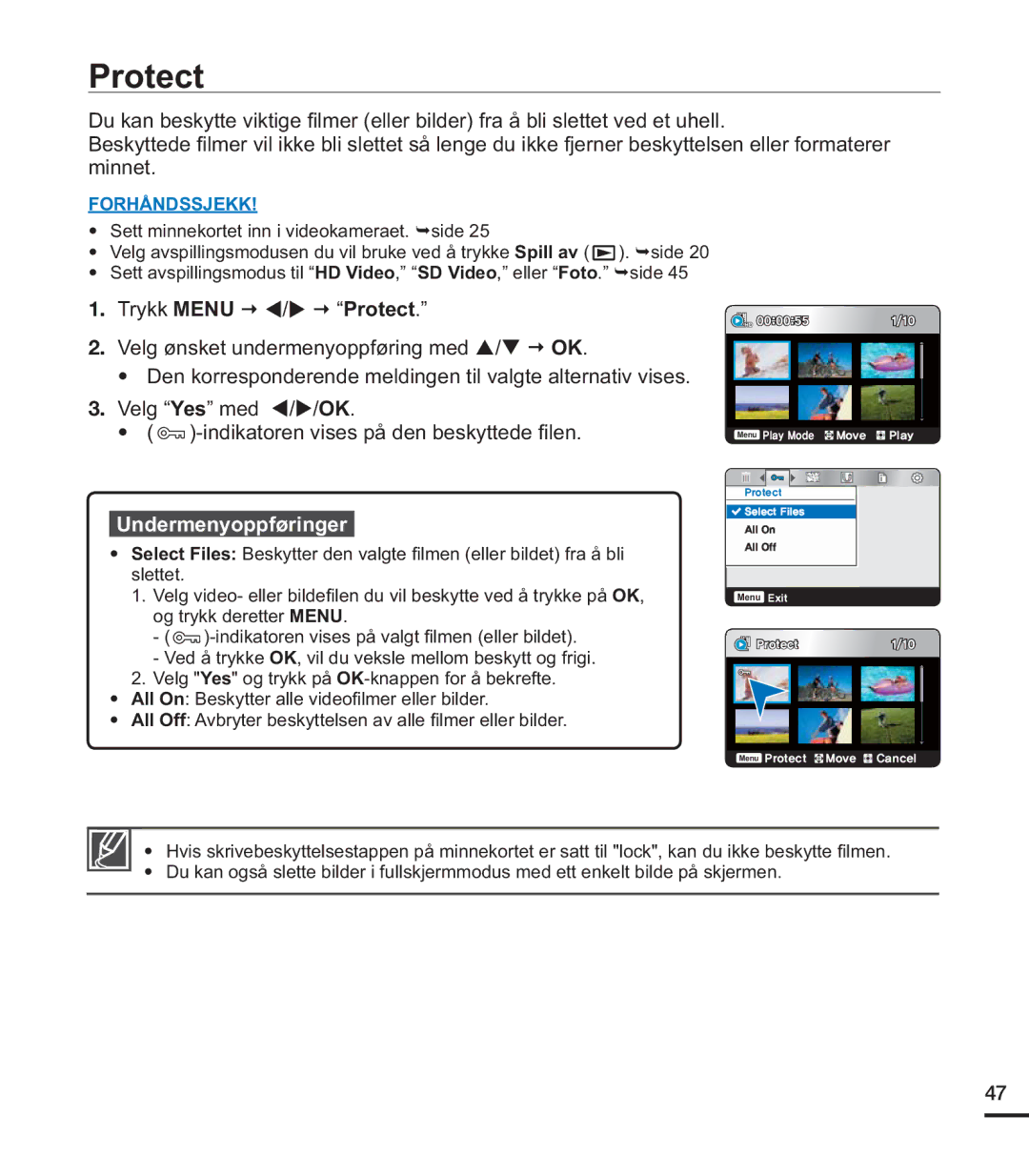 Samsung HMX-U20BP/EDC manual Minnet, Trykk Menu € W/X € Protect, LQGLNDWRUHQYLVHVSnGHQEHVN\WWHGH¿OHQ 