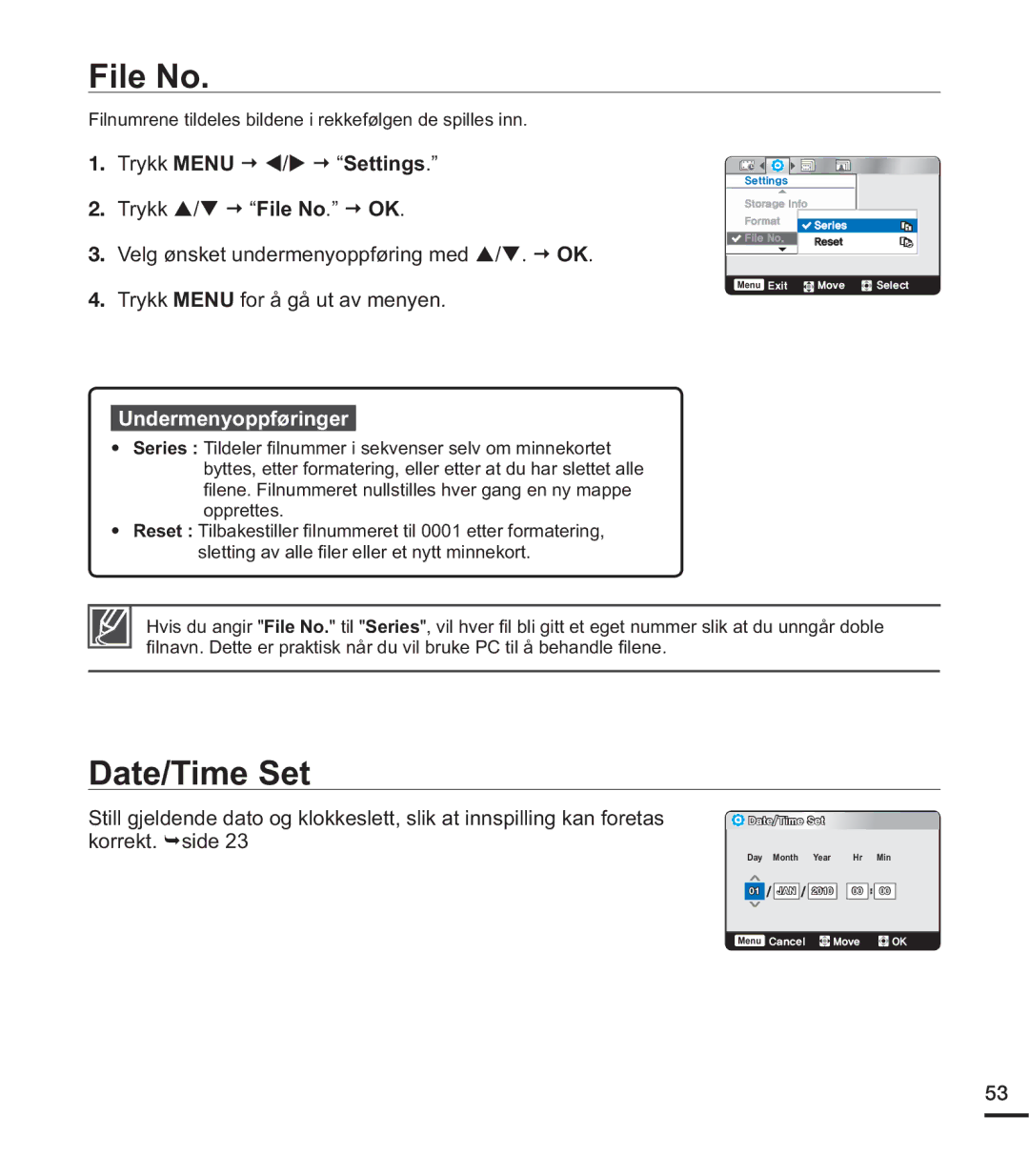 Samsung HMX-U20BP/EDC manual File No, Date/Time Set, Filnumrene tildeles bildene i rekkefølgen de spilles inn, Opprettes 