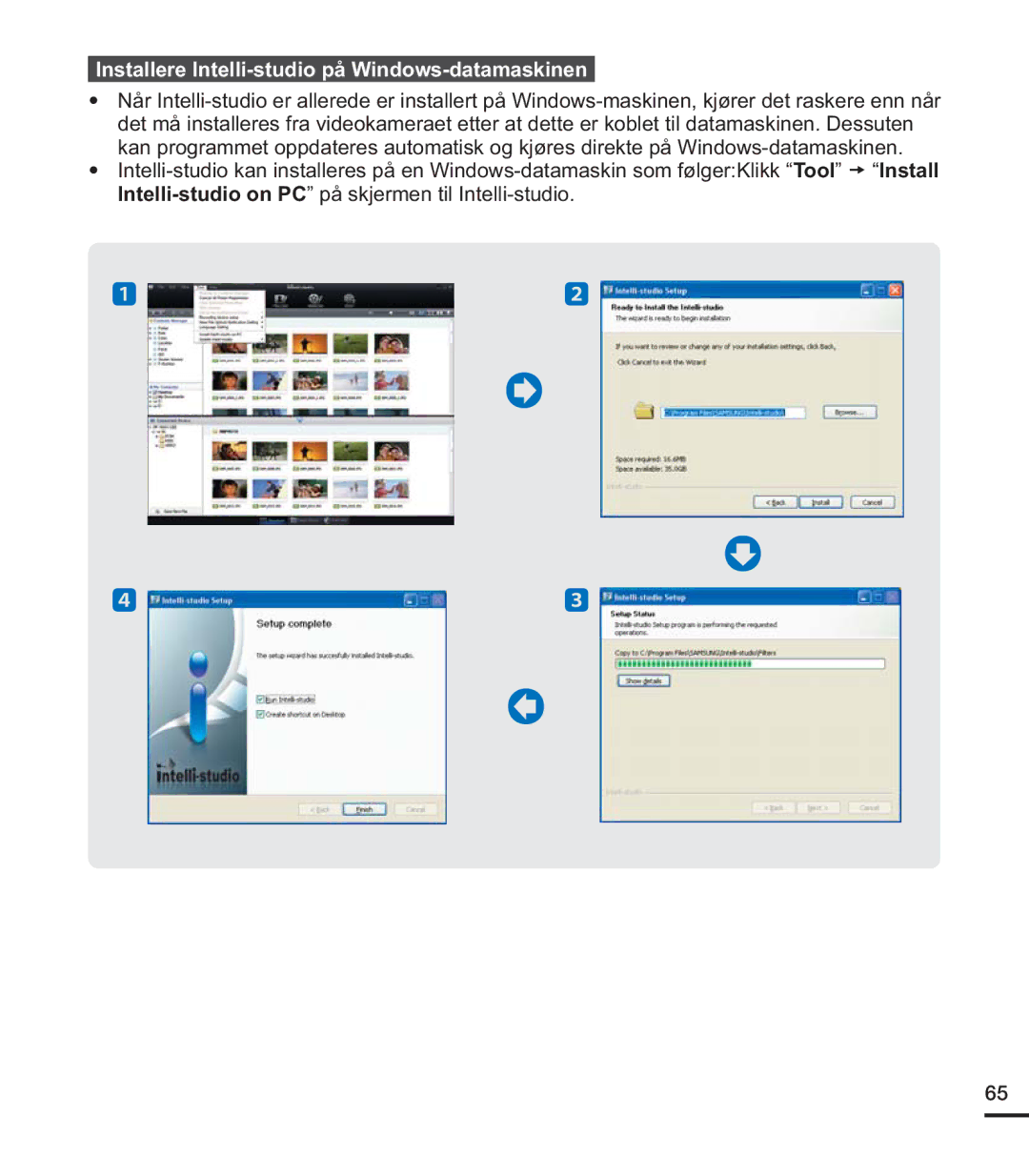 Samsung HMX-U20BP/EDC manual Installere Intelli-studio på Windows-datamaskinen 