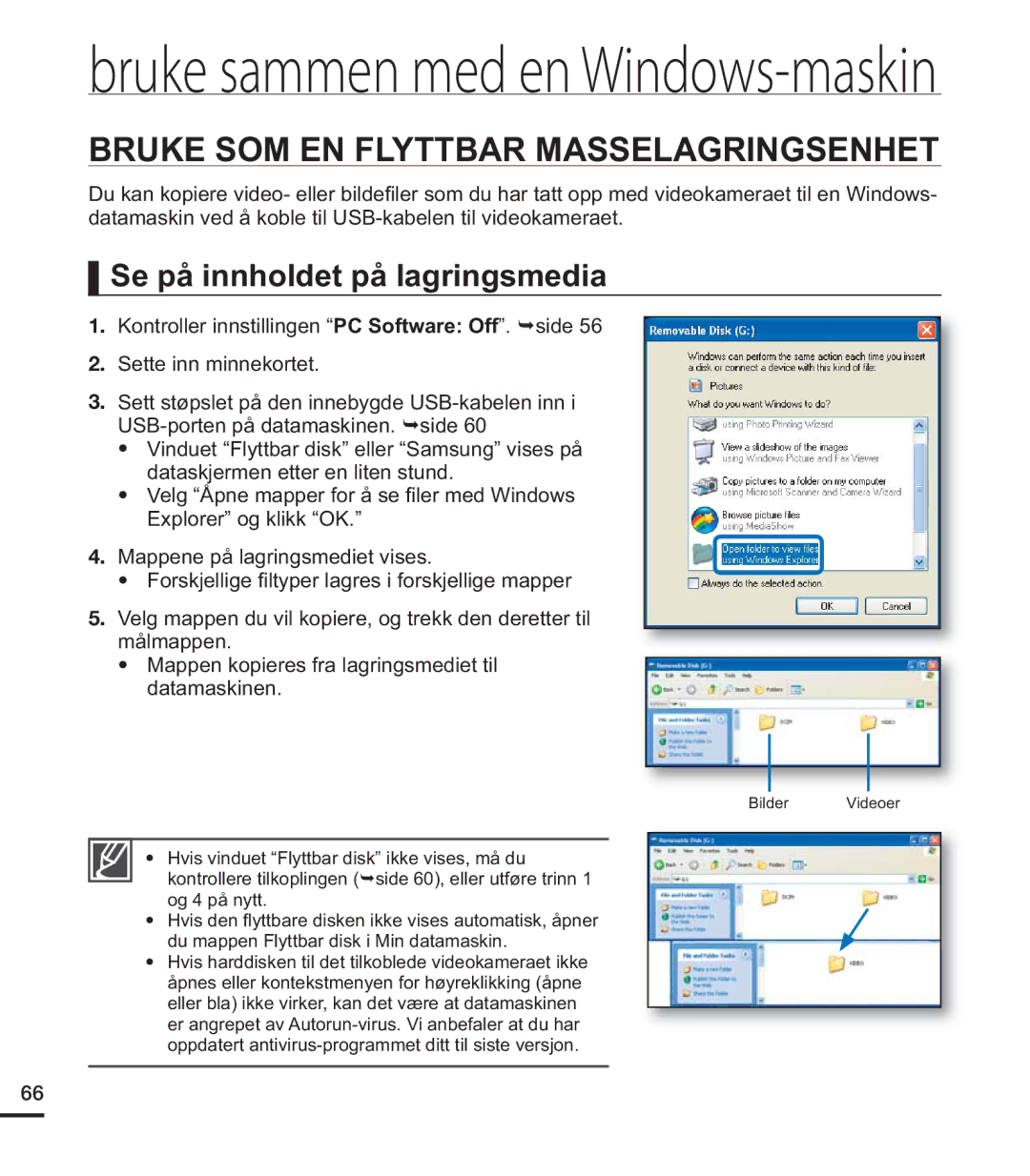 Samsung HMX-U20BP/EDC manual Bruke SOM EN Flyttbar Masselagringsenhet, Se på innholdet på lagringsmedia 