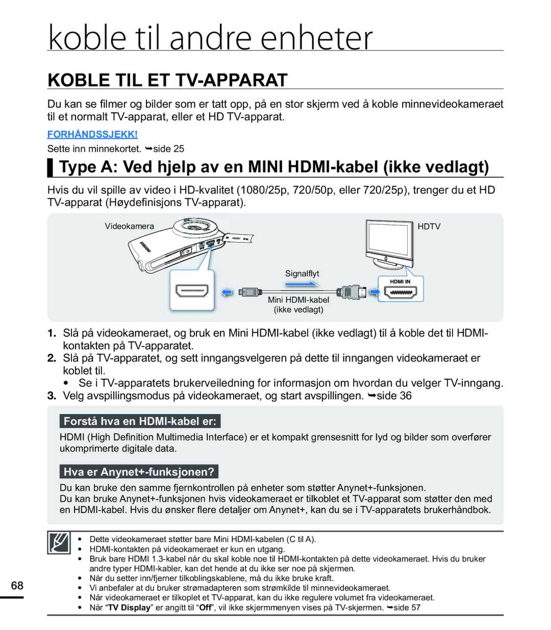 Samsung HMX-U20BP/EDC manual Koble til andre enheter, Koble TIL ET TV-APPARAT, Forstå hva en HDMI-kabel er 