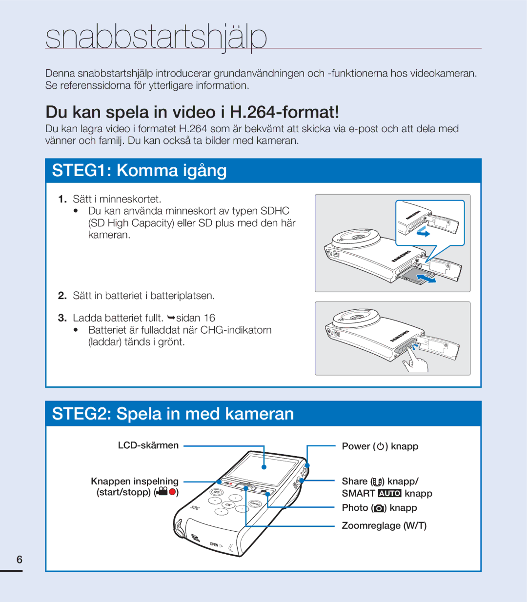 Samsung HMX-U20BP/EDC manual Snabbstartshjälp, Du kan spela in video i H.264-format 