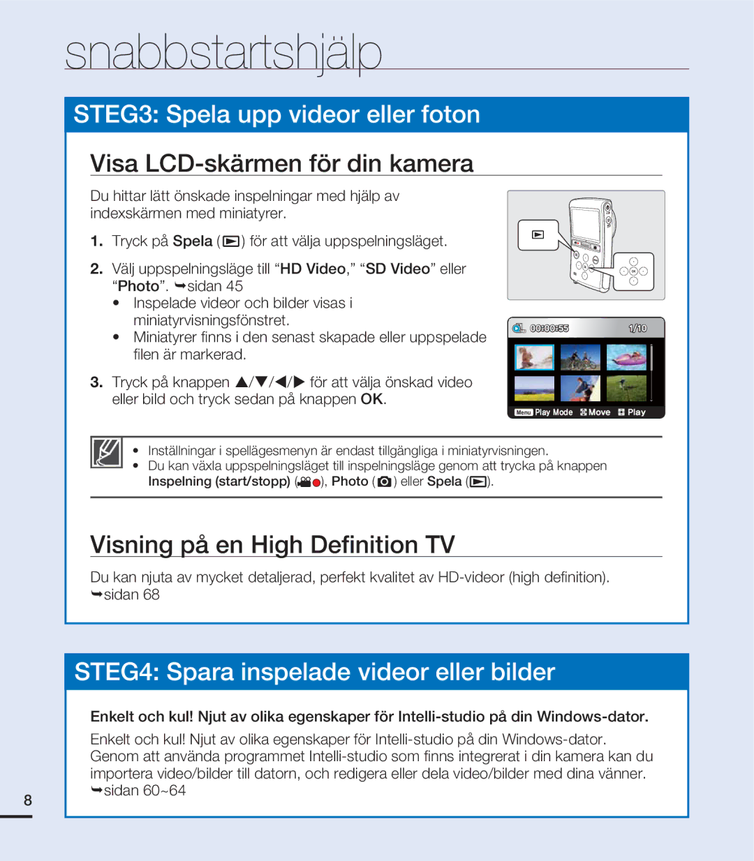 Samsung HMX-U20BP/EDC manual Visa LCD-skärmen för din kamera, Visning på en High Deﬁnition TV, Sidan 60~64 