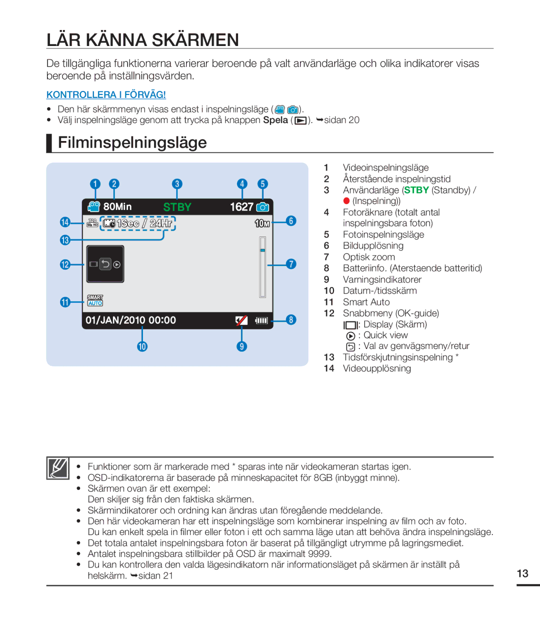 Samsung HMX-U20BP/EDC manual LÄR Känna Skärmen, Filminspelningsläge 