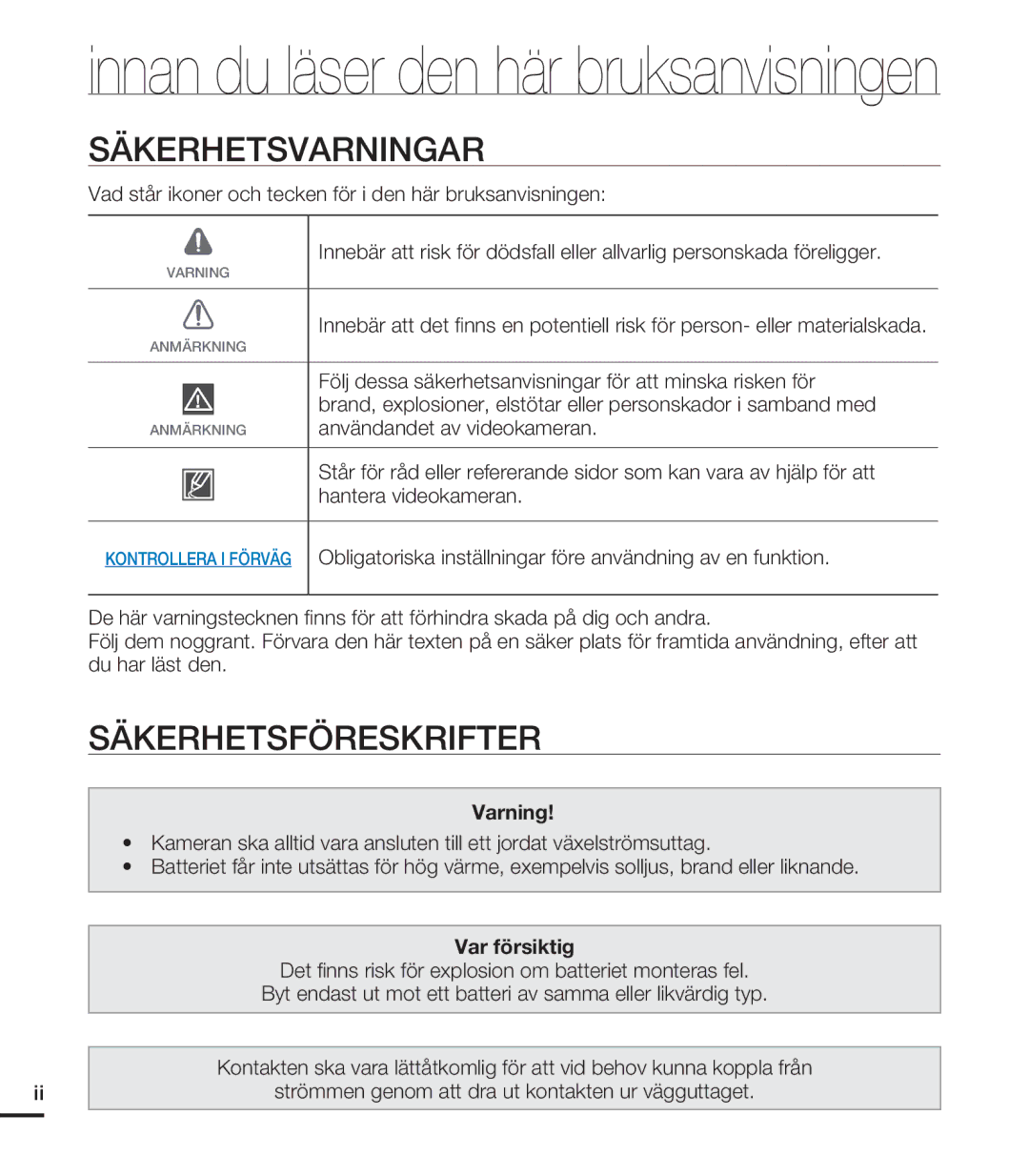 Samsung HMX-U20BP/EDC manual Säkerhetsvarningar, Säkerhetsföreskrifter 