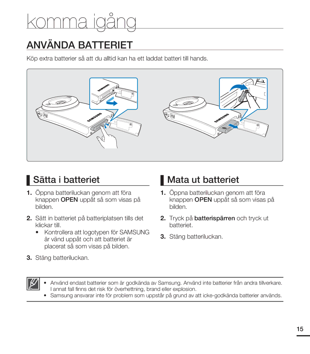 Samsung HMX-U20BP/EDC manual Komma igång, Använda Batteriet, Sätta i batteriet Mata ut batteriet 