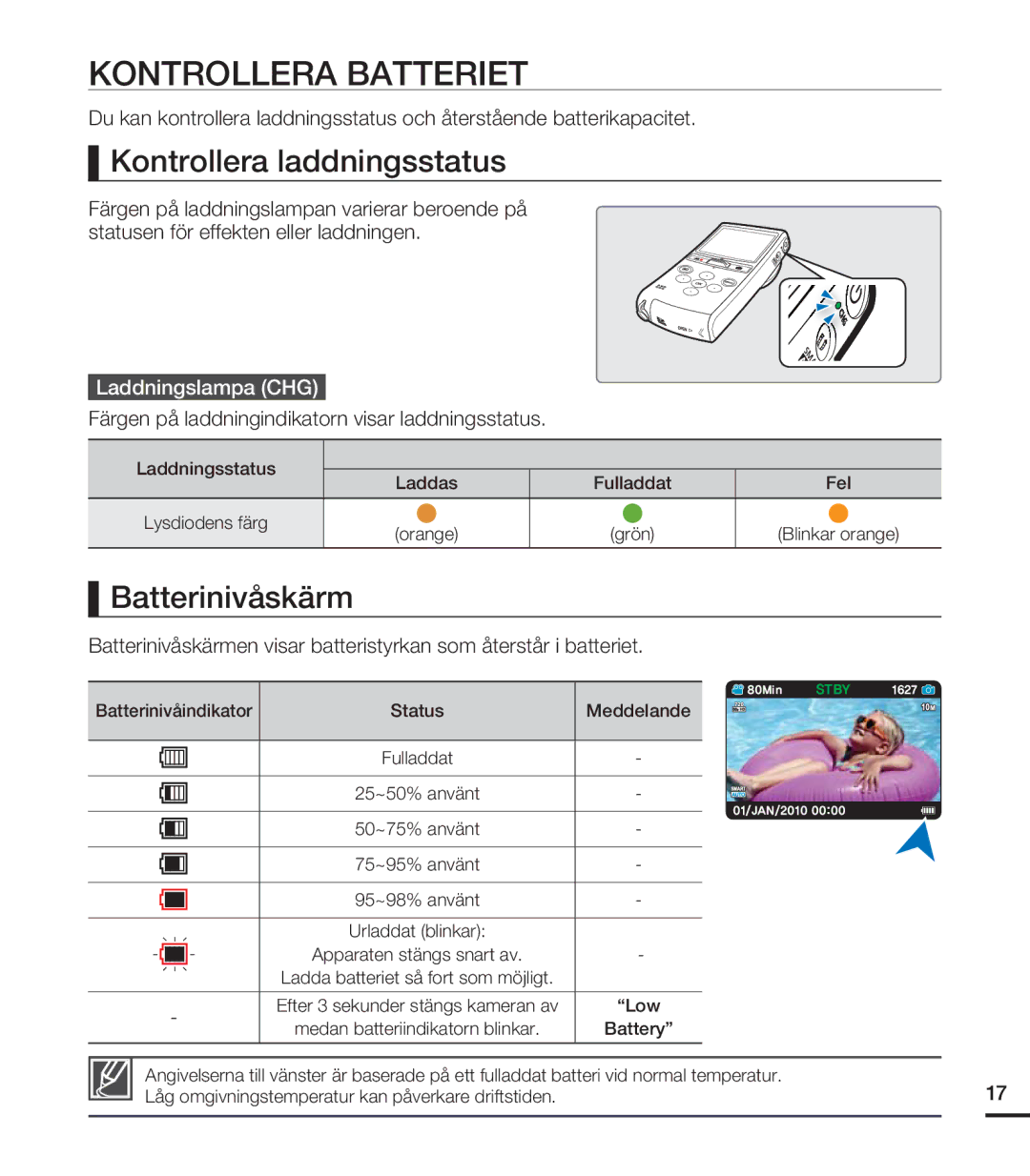 Samsung HMX-U20BP/EDC manual Kontrollera Batteriet, Kontrollera laddningsstatus, Batterinivåskärm, Laddningslampa CHG 