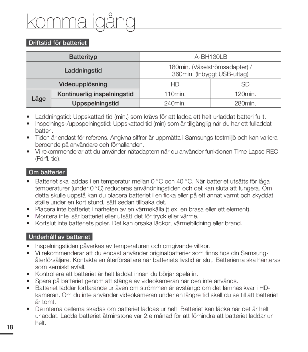 Samsung HMX-U20BP/EDC manual Driftstid för batteriet, Om batterier, Underhåll av batteriet 