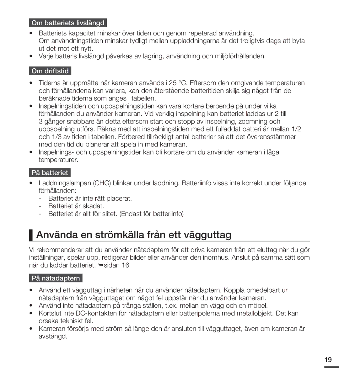 Samsung HMX-U20BP/EDC manual Använda en strömkälla från ett vägguttag, Om batteriets livslängd, Om driftstid, På batteriet 