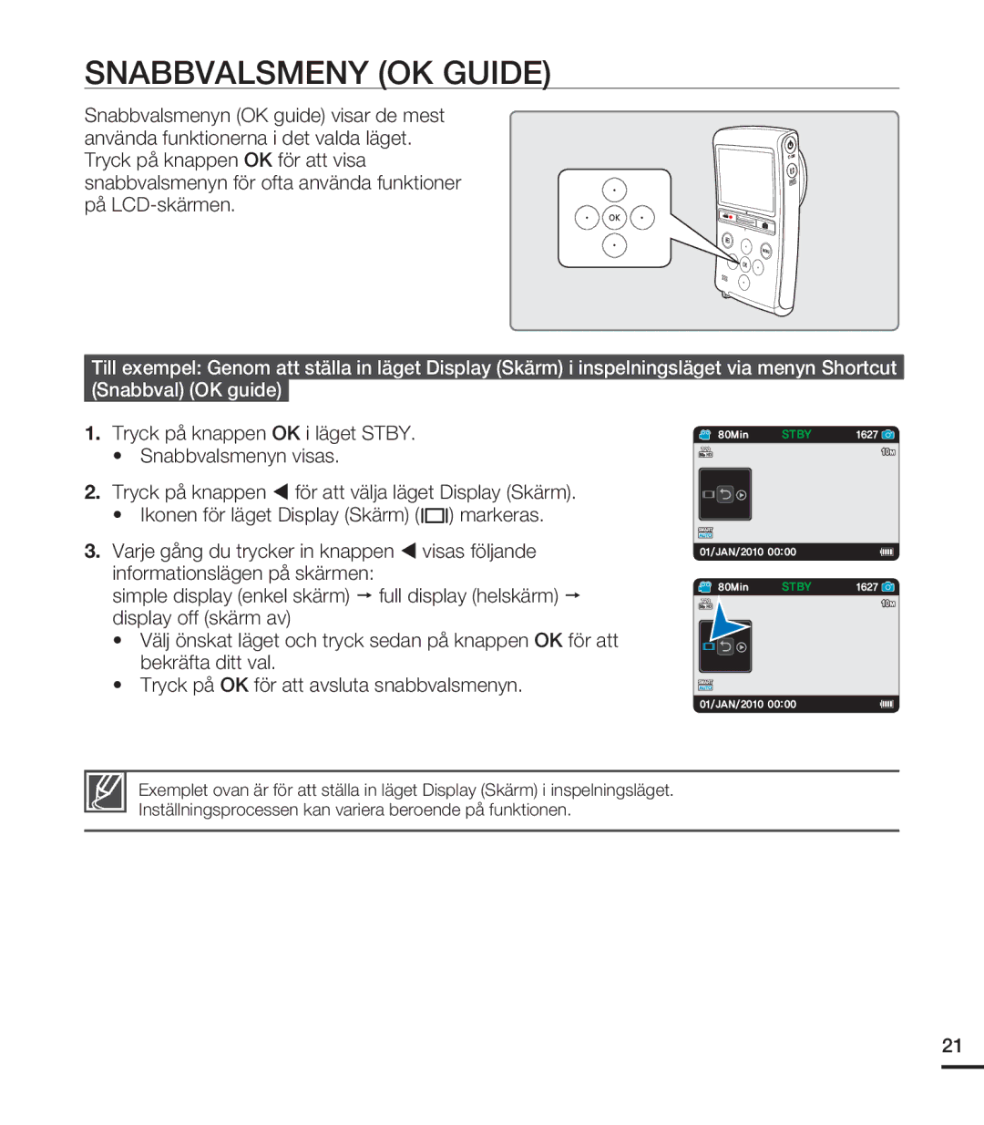 Samsung HMX-U20BP/EDC manual Snabbvalsmeny OK Guide 