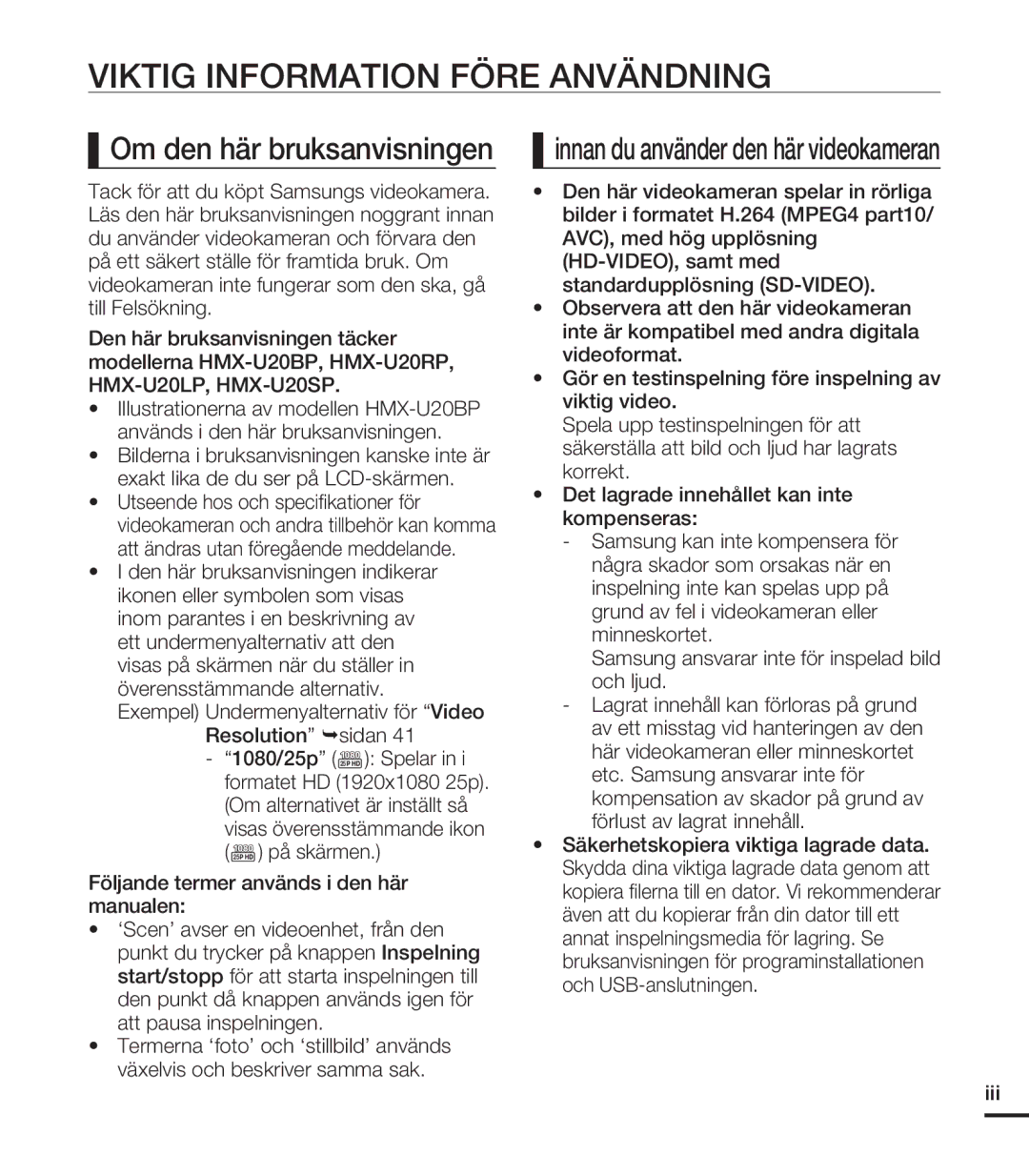 Samsung HMX-U20BP/EDC manual Viktig Information Före Användning, Om den här bruksanvisningen, Iii 