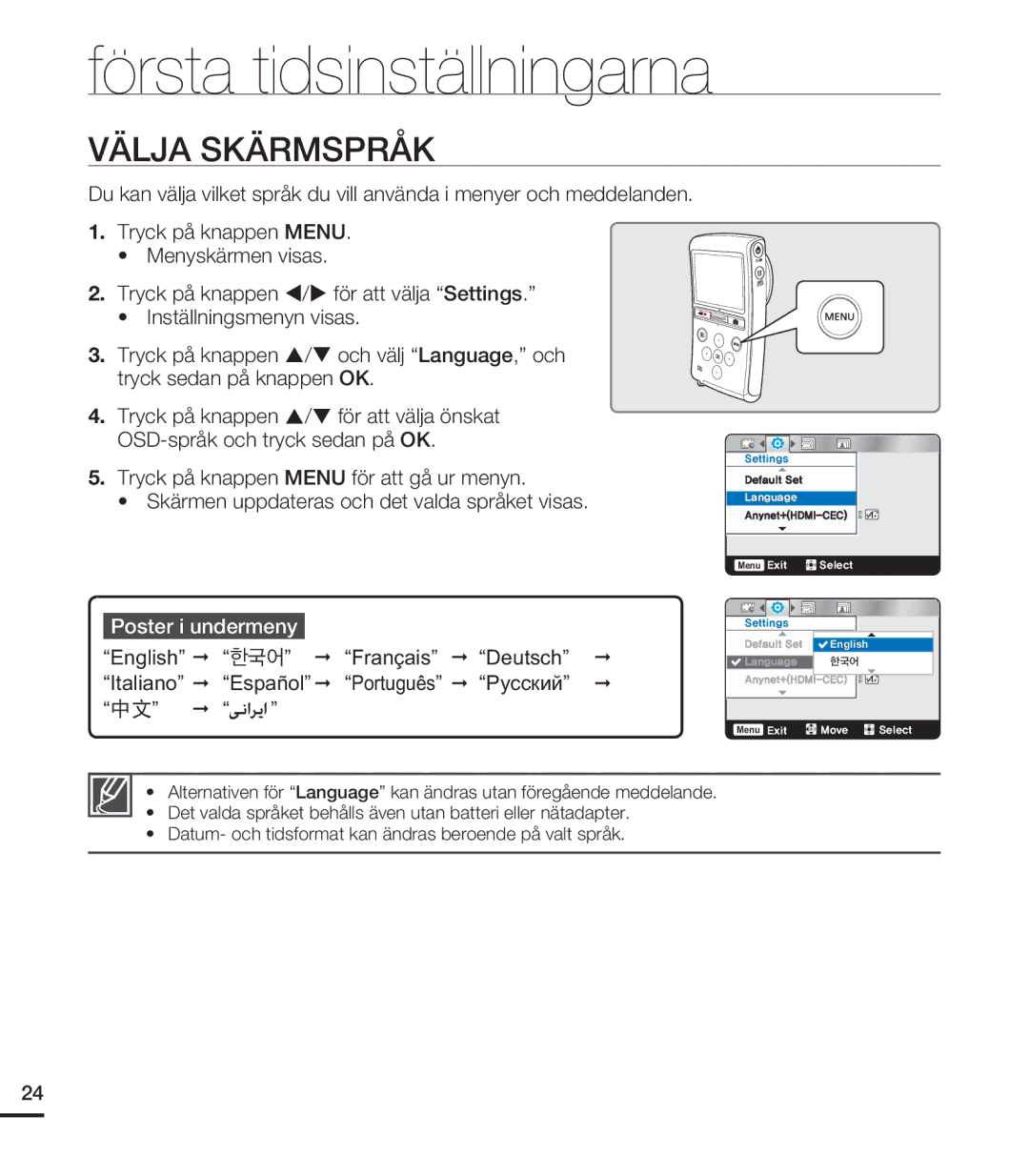 Samsung HMX-U20BP/EDC manual Välja Skärmspråk, Poster i undermeny 