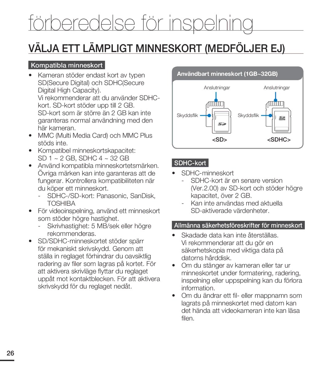 Samsung HMX-U20BP/EDC Välja ETT Lämpligt Minneskort Medföljer EJ, Kompatibla minneskort, SDHC-/SD-kort Panasonic, SanDisk 