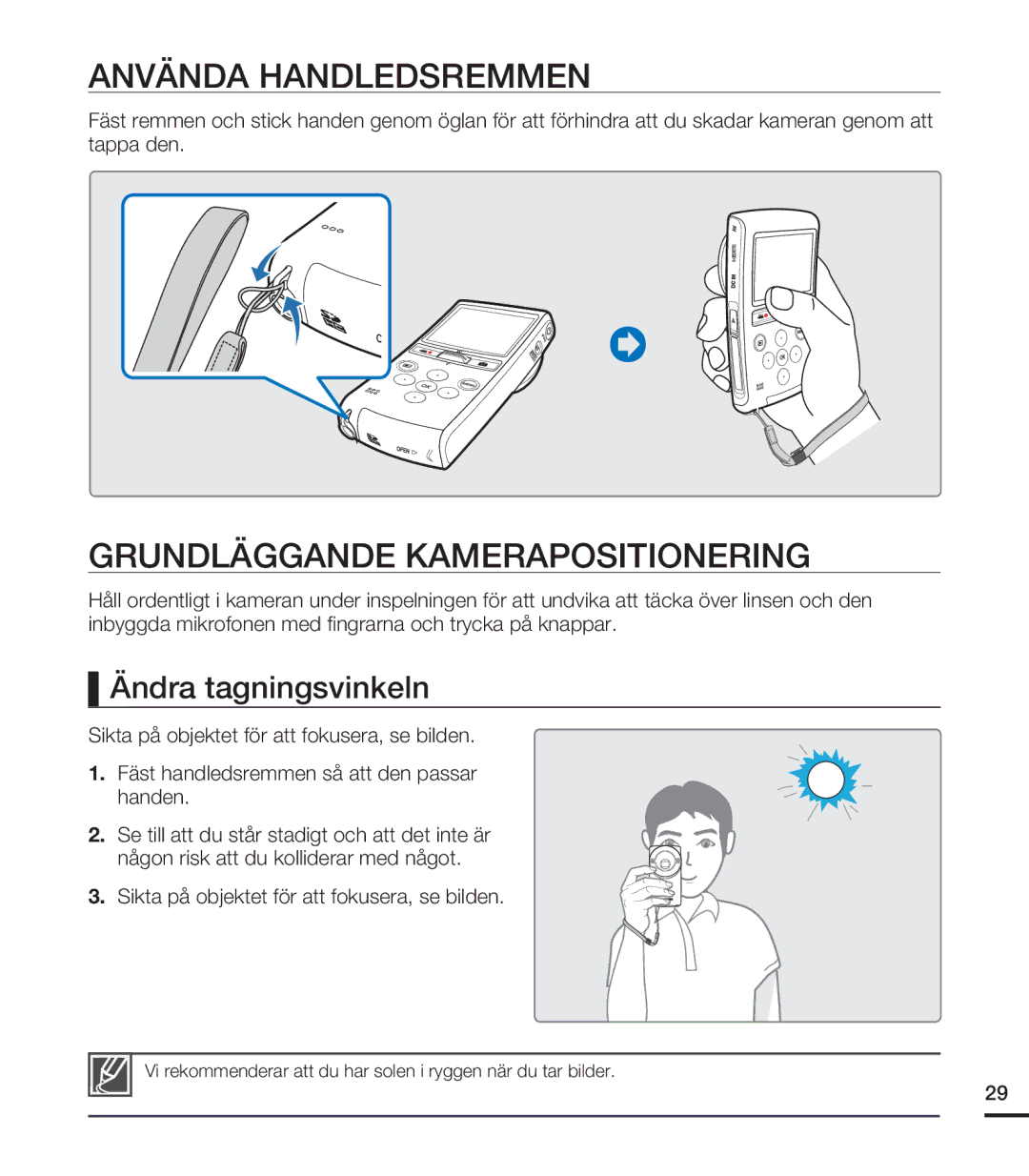 Samsung HMX-U20BP/EDC manual Använda Handledsremmen, Grundläggande Kamerapositionering, Ändra tagningsvinkeln 