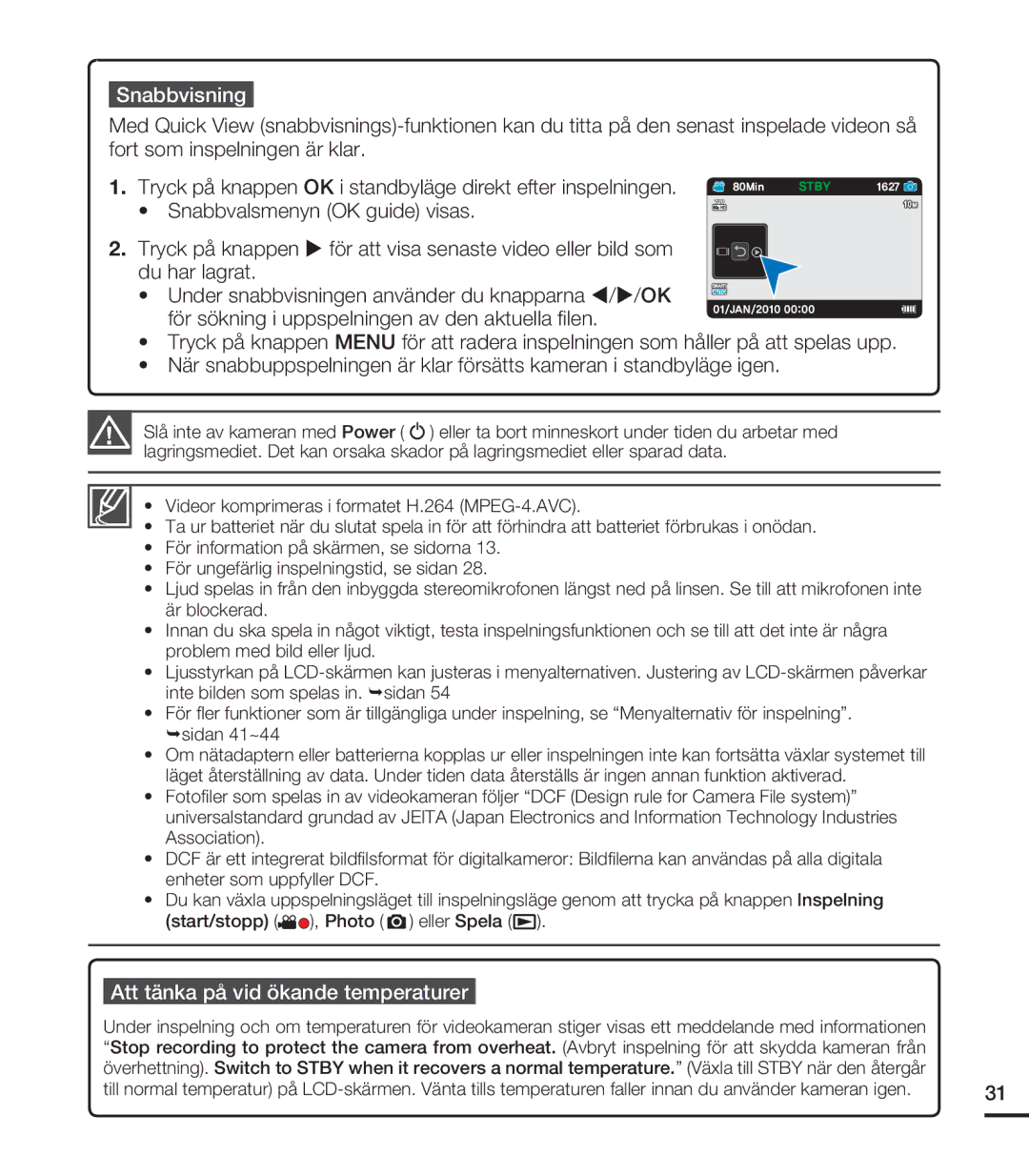 Samsung HMX-U20BP/EDC manual Snabbvisning, Att tänka på vid ökande temperaturer 