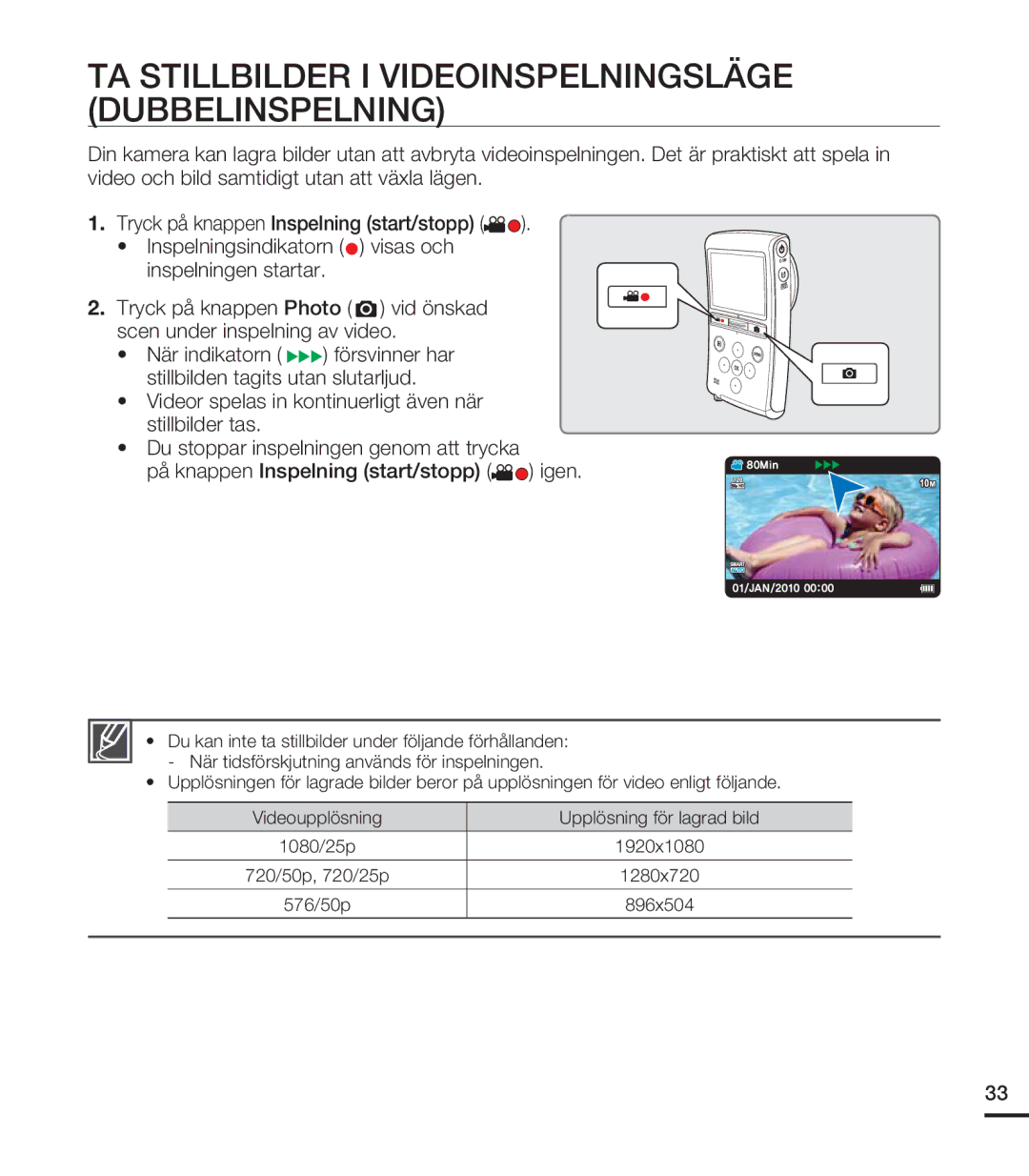 Samsung HMX-U20BP/EDC manual TA Stillbilder I Videoinspelningsläge Dubbelinspelning 