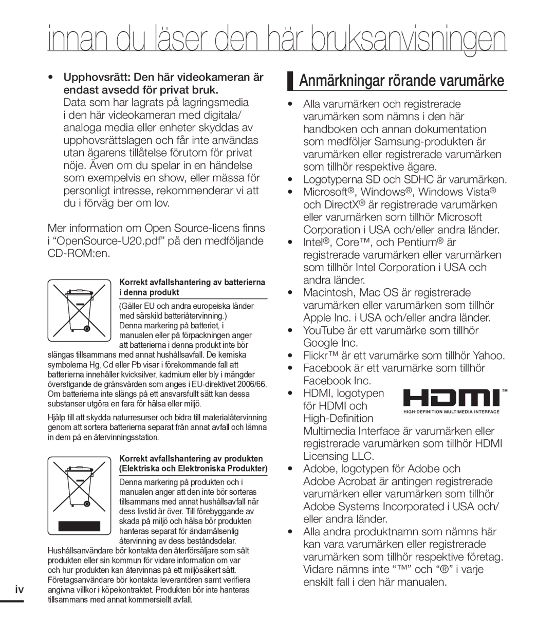 Samsung HMX-U20BP/EDC manual Innan du läser den här bruksanvisningen 