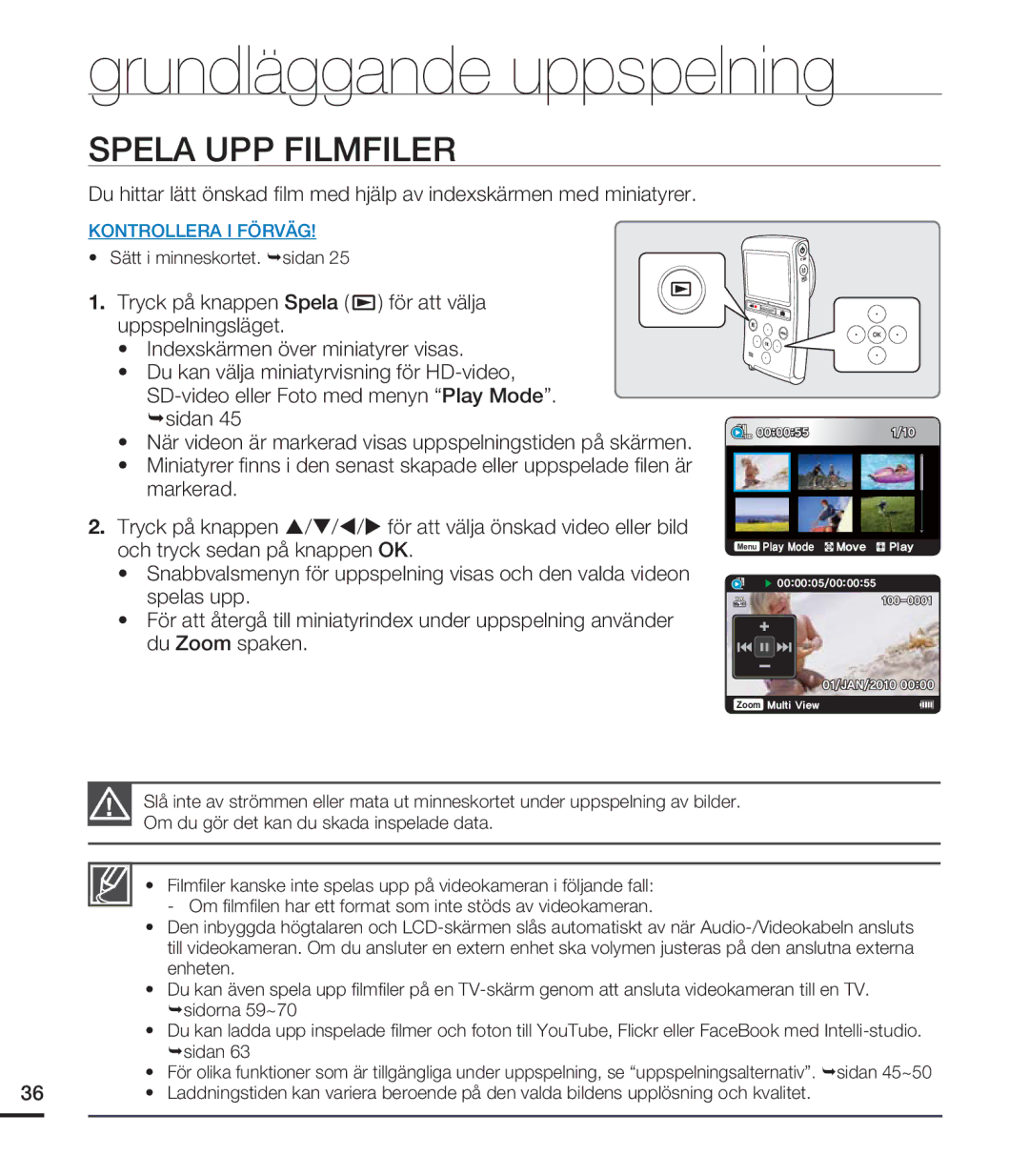 Samsung HMX-U20BP/EDC manual Spela UPP Filmfiler 