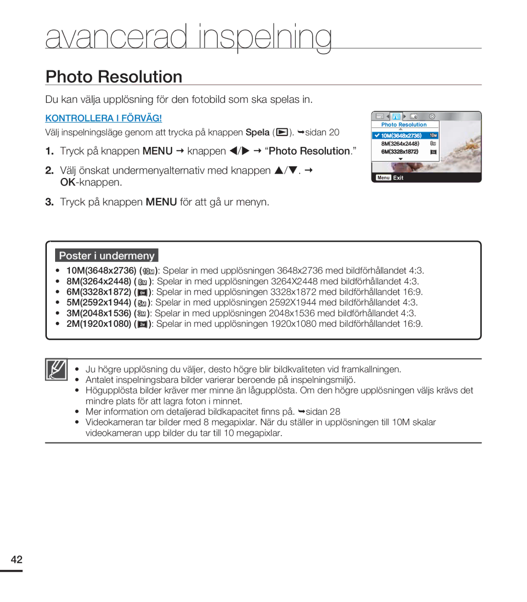 Samsung HMX-U20BP/EDC manual Photo Resolution, Du kan välja upplösning för den fotobild som ska spelas 