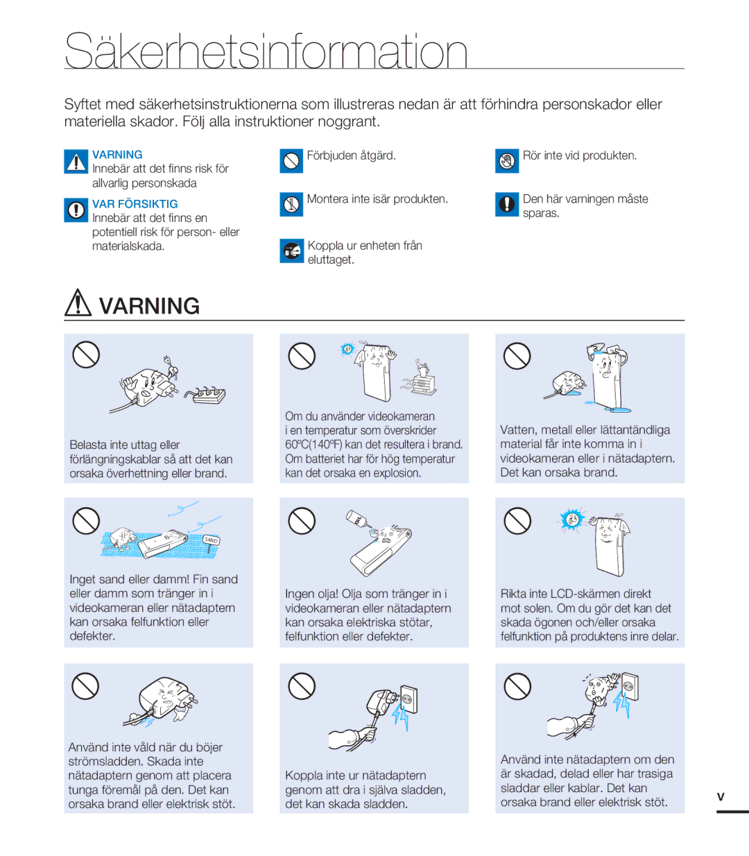 Samsung HMX-U20BP/EDC manual Säkerhetsinformation, Varning 