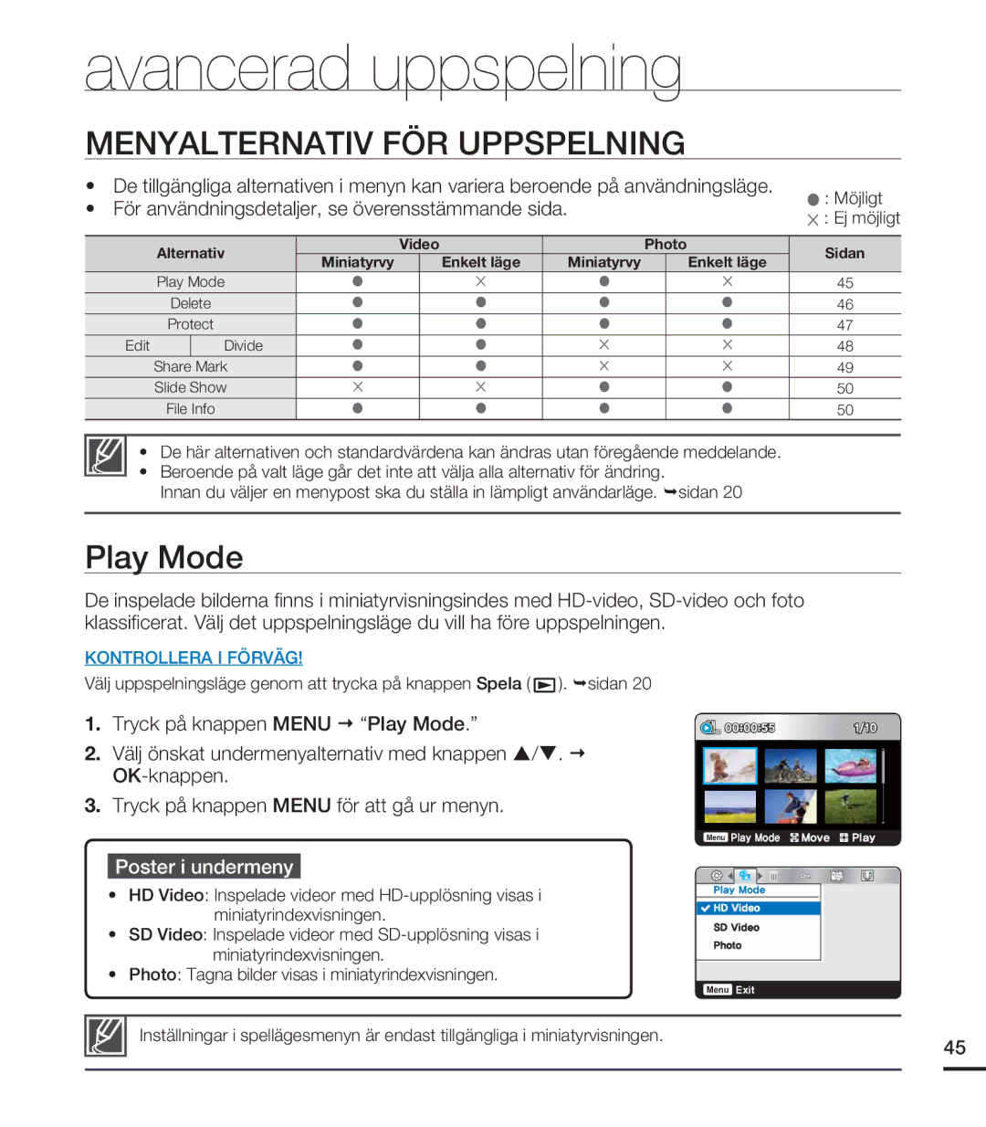 Samsung HMX-U20BP/EDC manual Avancerad uppspelning, Menyalternativ FÖR Uppspelning, Play Mode 