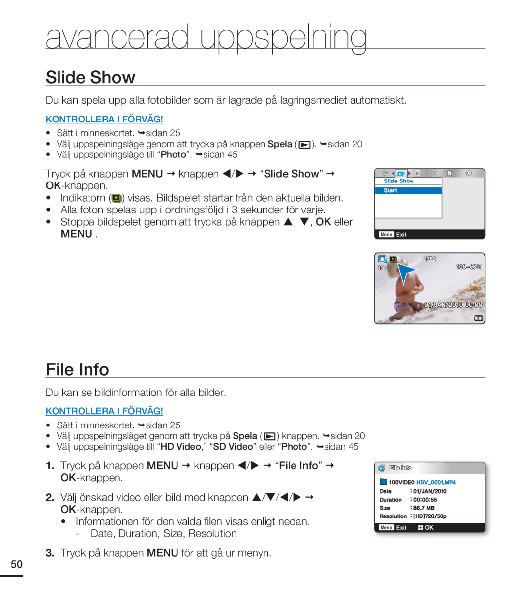 Samsung HMX-U20BP/EDC manual Slide Show, File Info, Du kan se bildinformation för alla bilder 