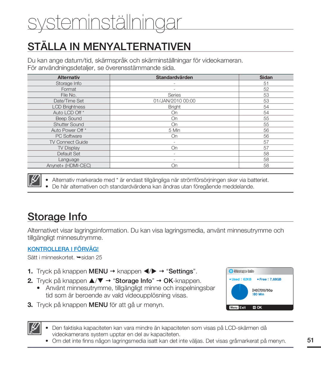 Samsung HMX-U20BP/EDC manual Systeminställningar, Ställa in Menyalternativen, Storage Info 